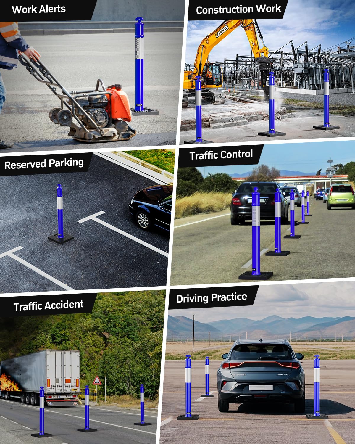 BATTIFE 45" Delineator Post with Base, Traffic Delineator Cones with Reflective Collar for Driving Practice, Construction Work (3, Blue, 45 inch)