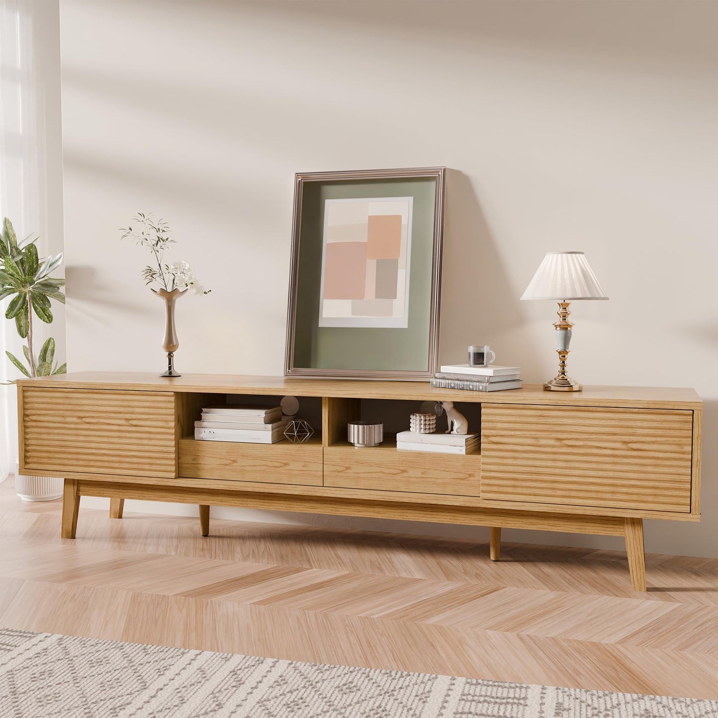 TOLEAD 70" Mid Century Modern TV Stand for TVs up to 75 Inch, Low Profile Entertainment Center with Fluted Sliding Doors & Storage Drawers, Wood TV Console Table for Living Room, Oak