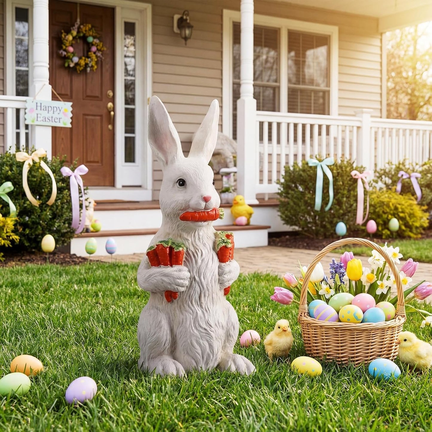 Yookeer Bunny Sculpture - 13 Inch Spring Resin Rabbit Figurine with Carrot | Easter Home Decor
