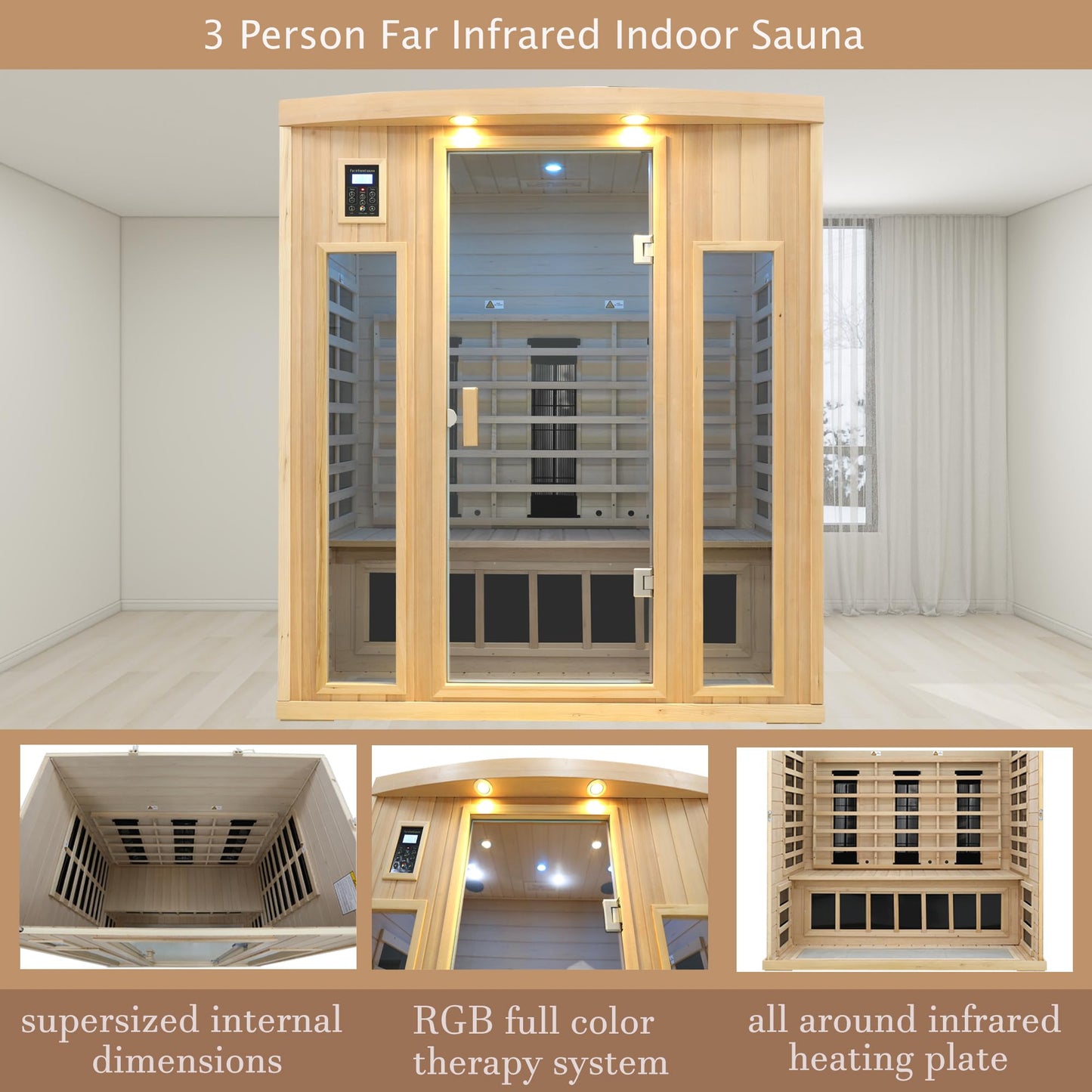 KUNSANA Ceramic Infrared Sauna 3 Person, Infrared Saunas for Home, Low EMF Far Infrared Sauna, Indoor Home Sauna Spa, Hemlock Wooden Sauna with Bluetooth Speaker, Chromotherapy Lamp, 2050W