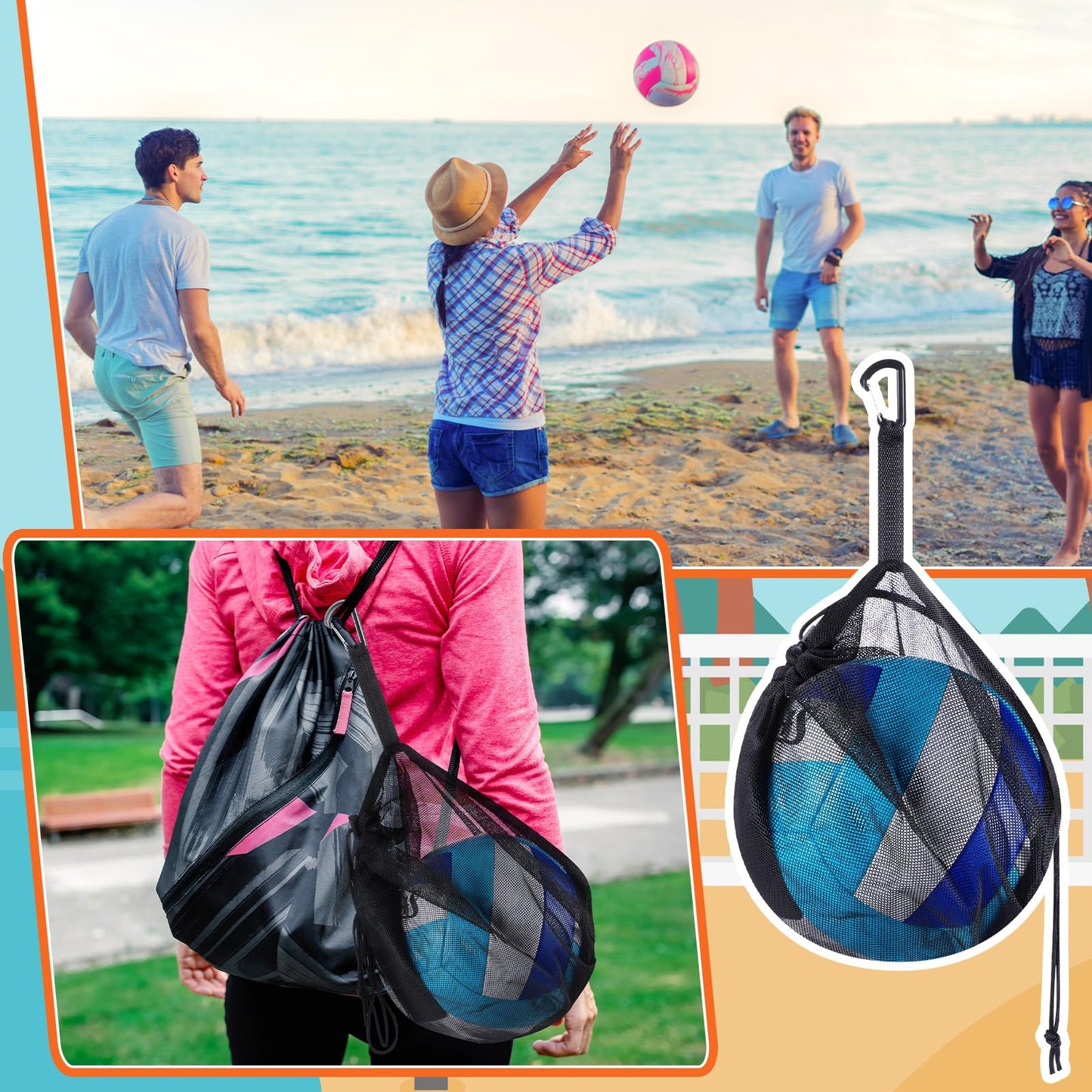 Dansydaisy 6 Pcs Mesh Ball Bags Basketball Volleyball Football Single Storage Bag with Zipper Pocket Drawstring Sling Back Bag D Rings for Carrying Ball