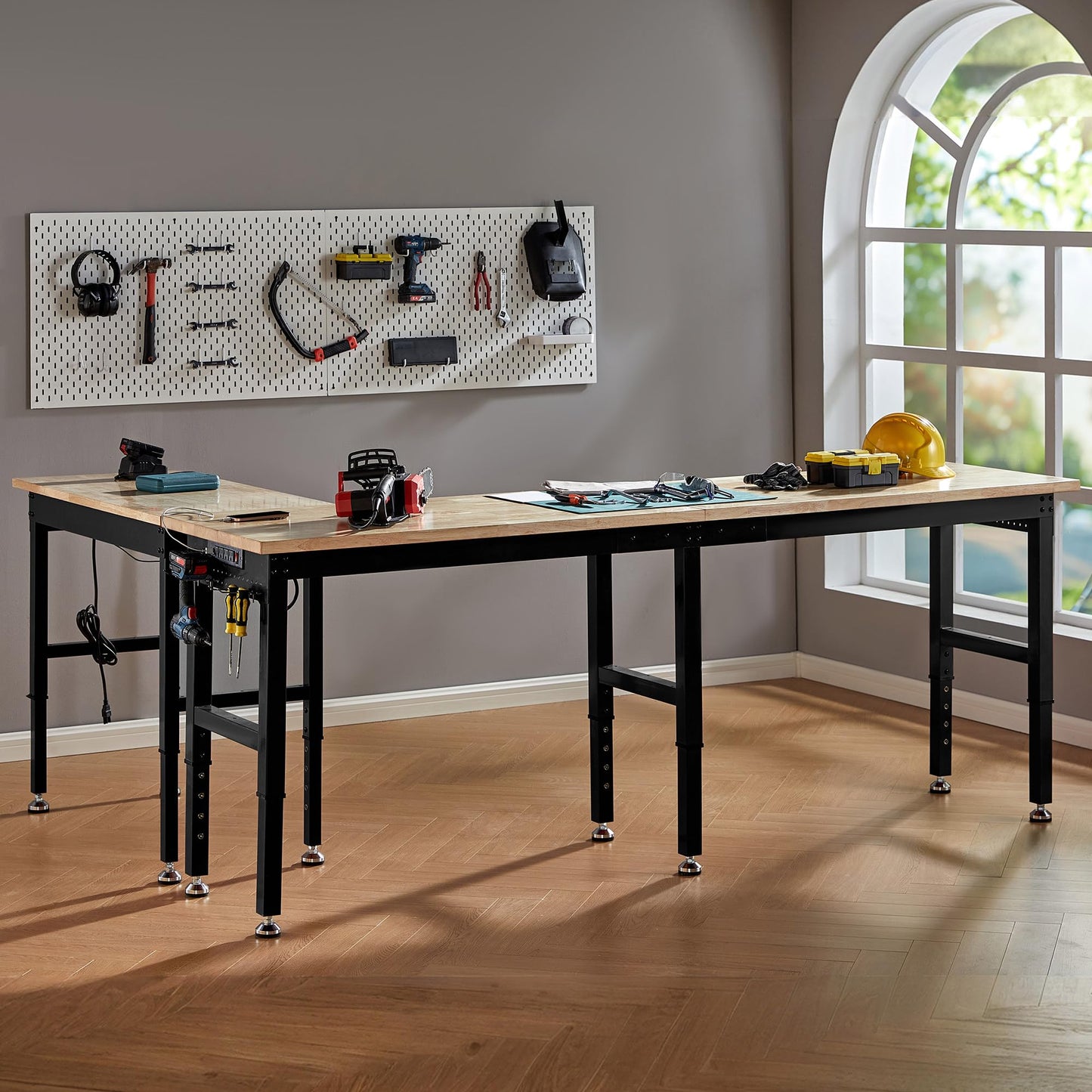 Albott 96x24 in Adjustable Workbench with Power Outlets, 6000 LBs Heavy Duty Wood Workbench with Hooks, Solid Rubber Wood Top for Garage, Workshop, Woodworking, Home Office