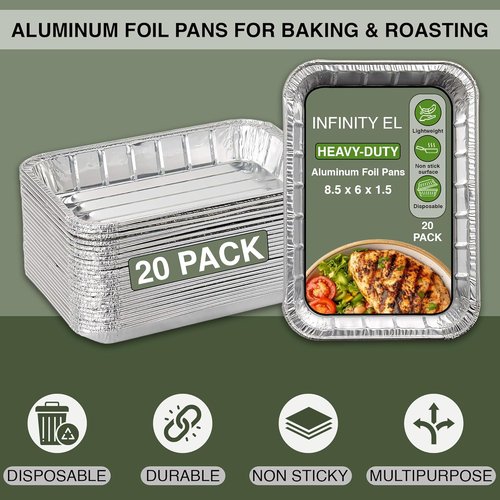 Infinity EL Aluminum Foil Pans - Heavy Duty Mini Shallow 8.5"x6"x1.5" | 20 Pack for Roasting & Baking