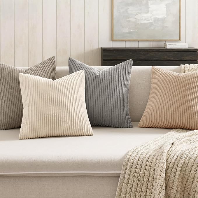 MIULEE Boho Farmhouse Neutral Cream Throw Pillow Covers 20x20 Inch Set of 4 Mordern Nordic Cushion Covers Soft Corduroy Spring Home Decor for Couch Bed Sofa Living Room