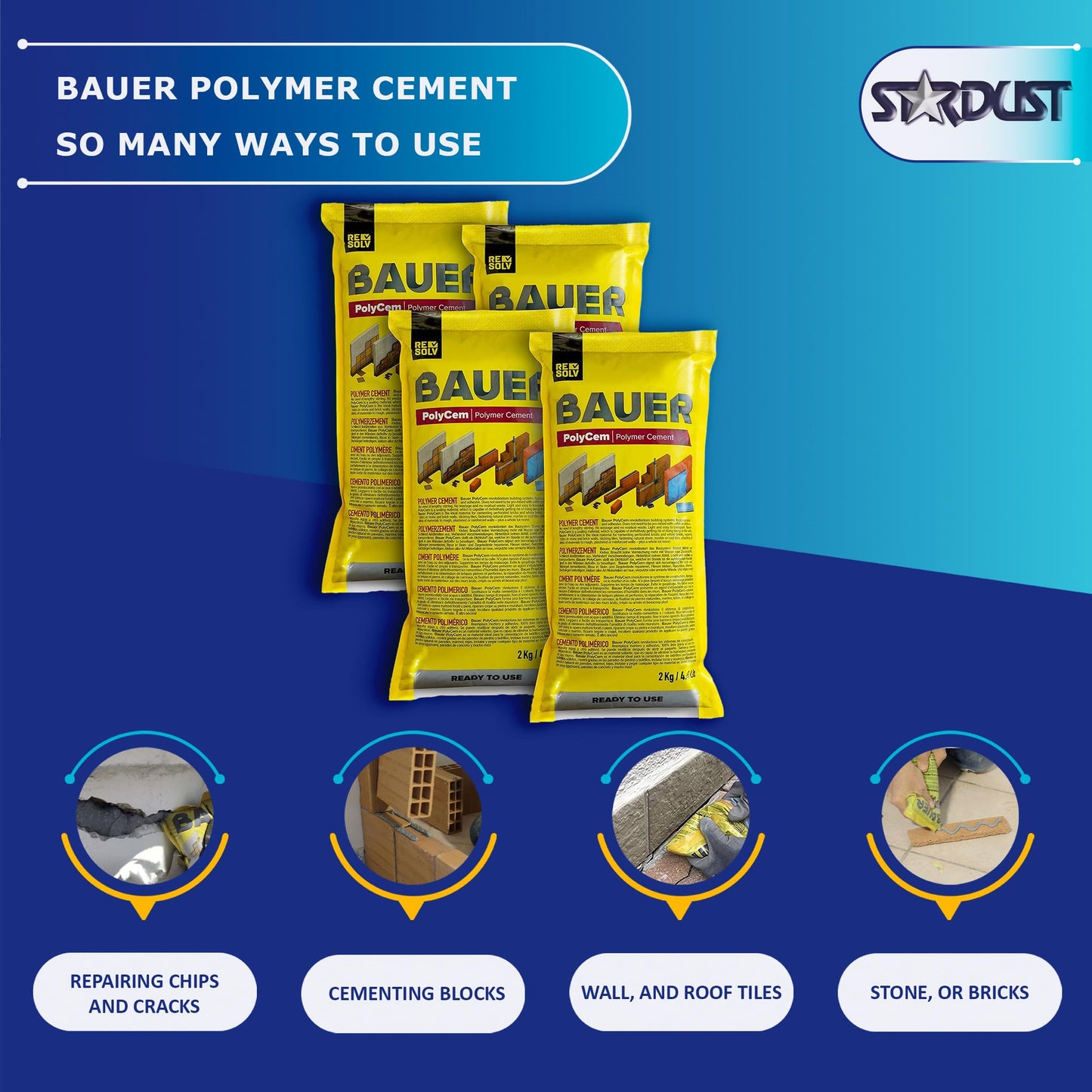 Bauer Instant Polymer Cement 4-Pack - Ready-to-Use Alternative to Mortar & Adhesives - Versatile for Concrete & Stone Tile Crack Repair & Brick Repair, Convenient & Durable