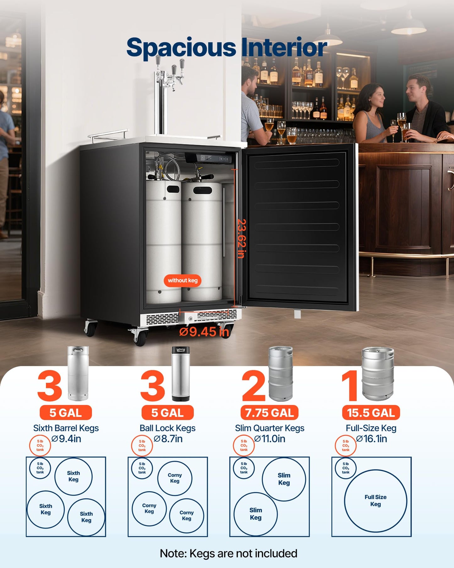 VEVOR Beer Kegerator, Triple Tap Commercial Draft Beer Dispenser for D system, Full Size Keg Refrigerator with 5lbs CO2 Tank, Hold 3 Sixth/2 Slim/3 Ball lock keg (3 taps - D system - stainless steel)