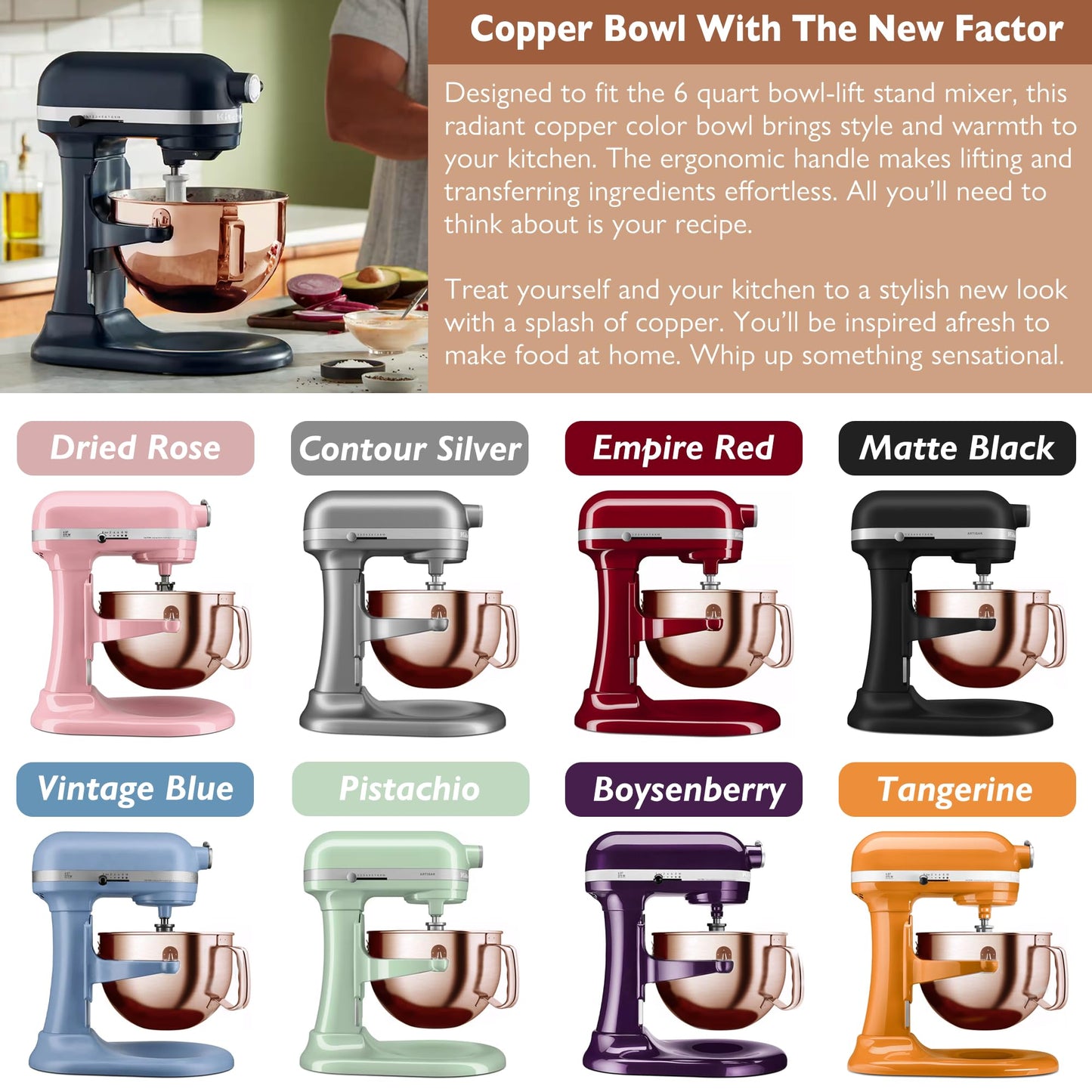 Wiselet Copper Color Stainless Steel 6 Quart Mixing Bowl for Kitchen Aid Professional Bowl Lift Stand Mixer, Heavy Duty Extra Mixer Bowl fits KP26, KB26, Dishwasher Safe, Ergonomic Handle