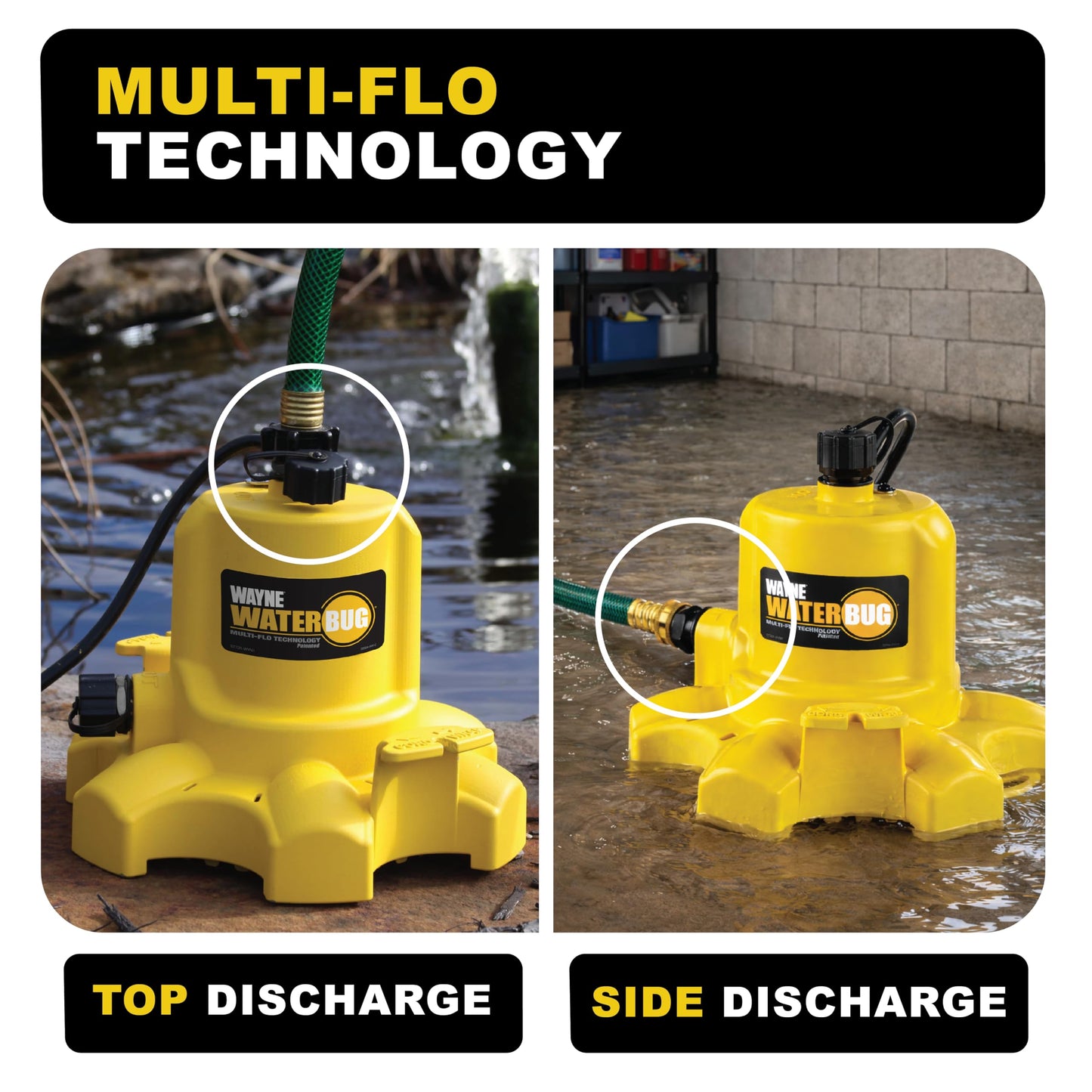 WAYNE - WaterBUG 1/6 HP 1350 GPH Submersible Pump with Multi-Flo Technology - Water Removal and Transfer Pump, Yellow