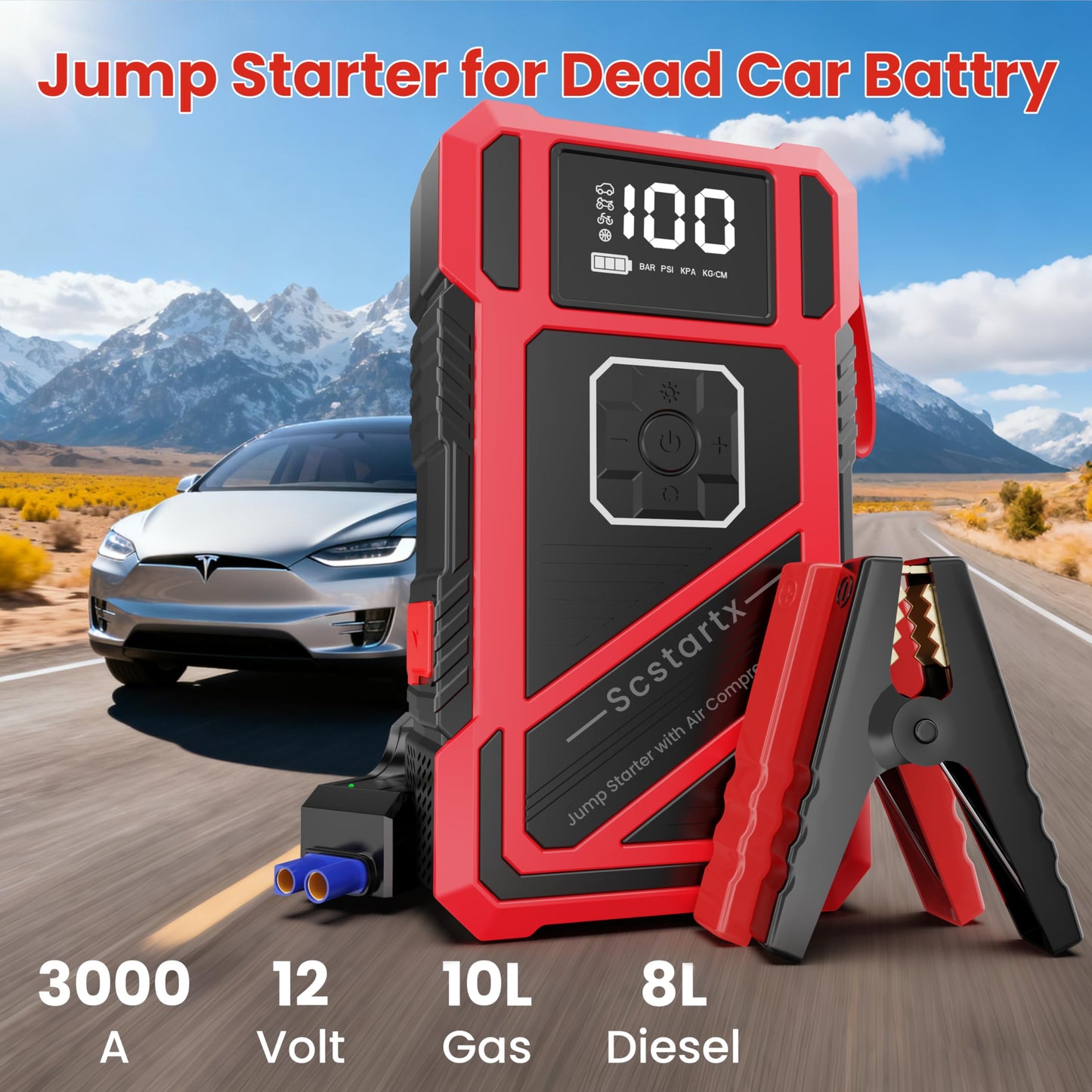 Scstartx 3000A Peak Car Jump Starter with 150PSI Air Compressor – Smart Jump Cable, LED Flashlight & USB Charger, 12V Emergency Starter for Vehicles up to 10L Gas & 8L Diesel