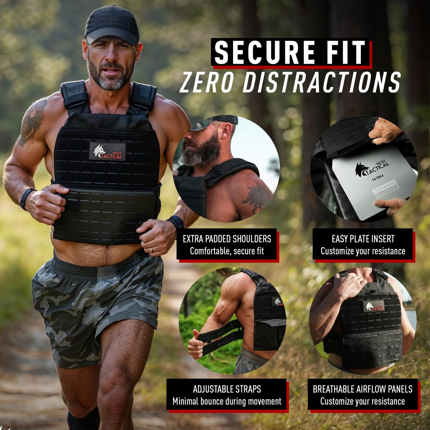 WOLF TACTICAL Adjustable Weighted Vest – WODs, Strength and Endurance Training, Fitness Workouts, Running (Black Camo)