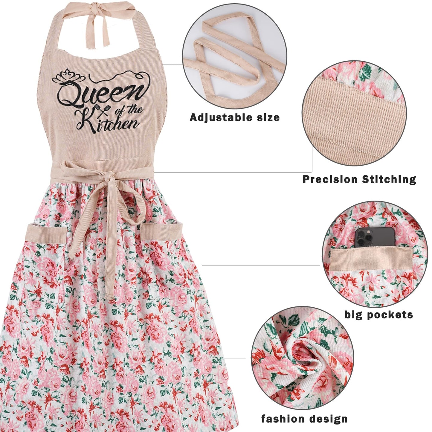 HYVOROS Cute Floral Aprons for Women with Pockets，Cotton Adjustable Neck Strap Apron for Kitchen Cooking Baking Gardening (Pink, Medium)