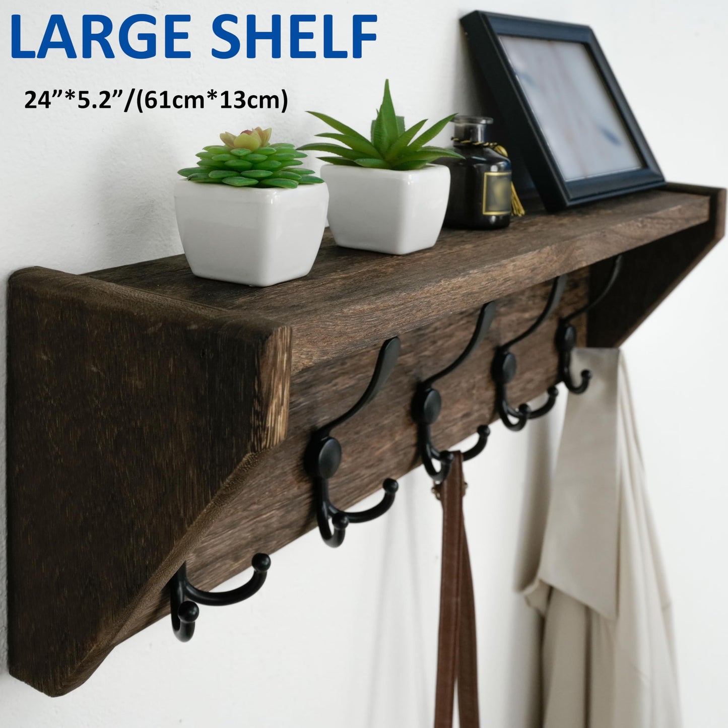 WEBI Coat Rack Wall Mount with Shelf,24" Long Wall Shelf with Hooks Underneath,5 Triple Hooks for Entryway,Hallway,Bedroom,Weathered Brown