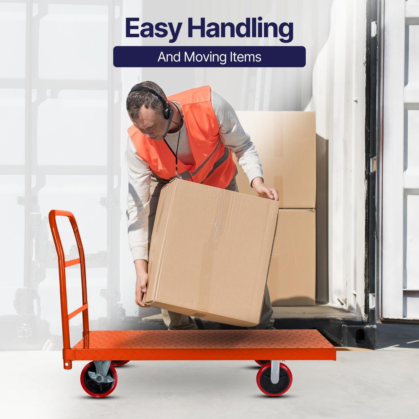 5Seconds Platform Cart Industrial Dolly Cart 3300LB Heavy Duty 60” x 30” Platform Hand Truck Push Cart Super Heavy Duty Diamond Plate Commercial Flatbed Cart 8'' Moving Swivel Wheels (Orange)