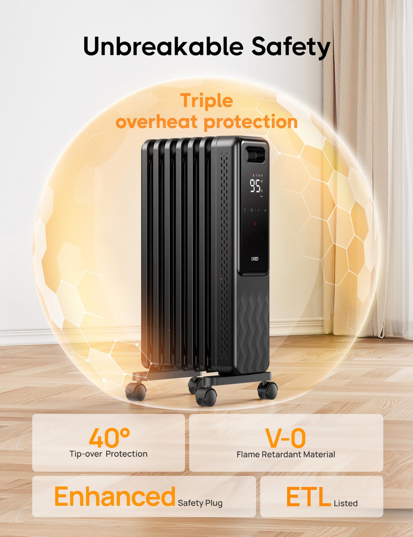 DREO Oil Filled Radiator, Electric Radiant Heaters for indoor use Large Room with Remote Control, Child Lock, 4 Modes, Overheat & Tip-Over Protection, 24h Timer, Digital Thermostat, Quiet, 1500W