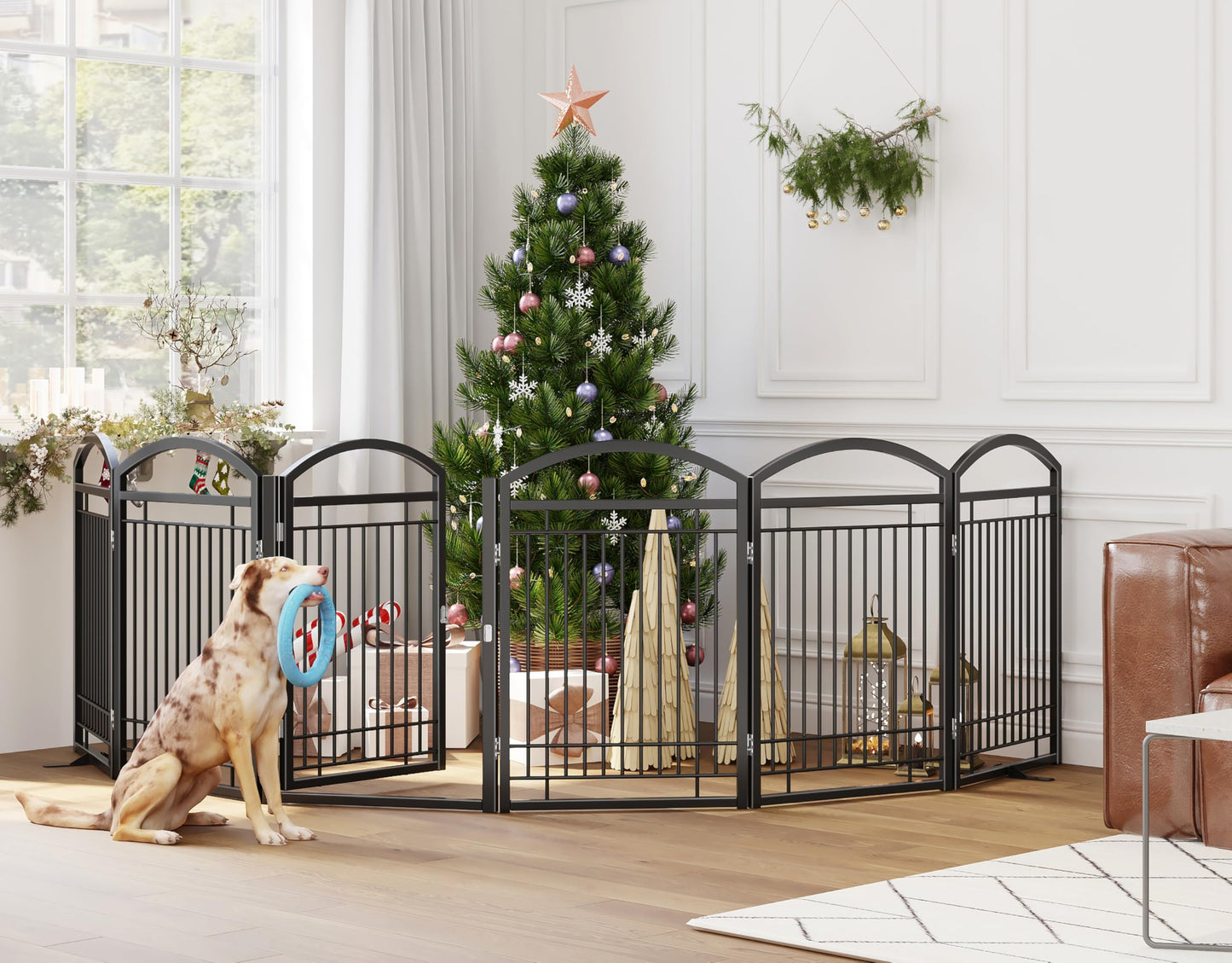 THKKY Folding No-Assembly Metal Freestanding Dog Gate with Door Walk Through,32" Height Pet Fence,144" Extra Wide Accordion Puppy Folding Playpen for Doorways,House,Stairs (6 Panels,Black)