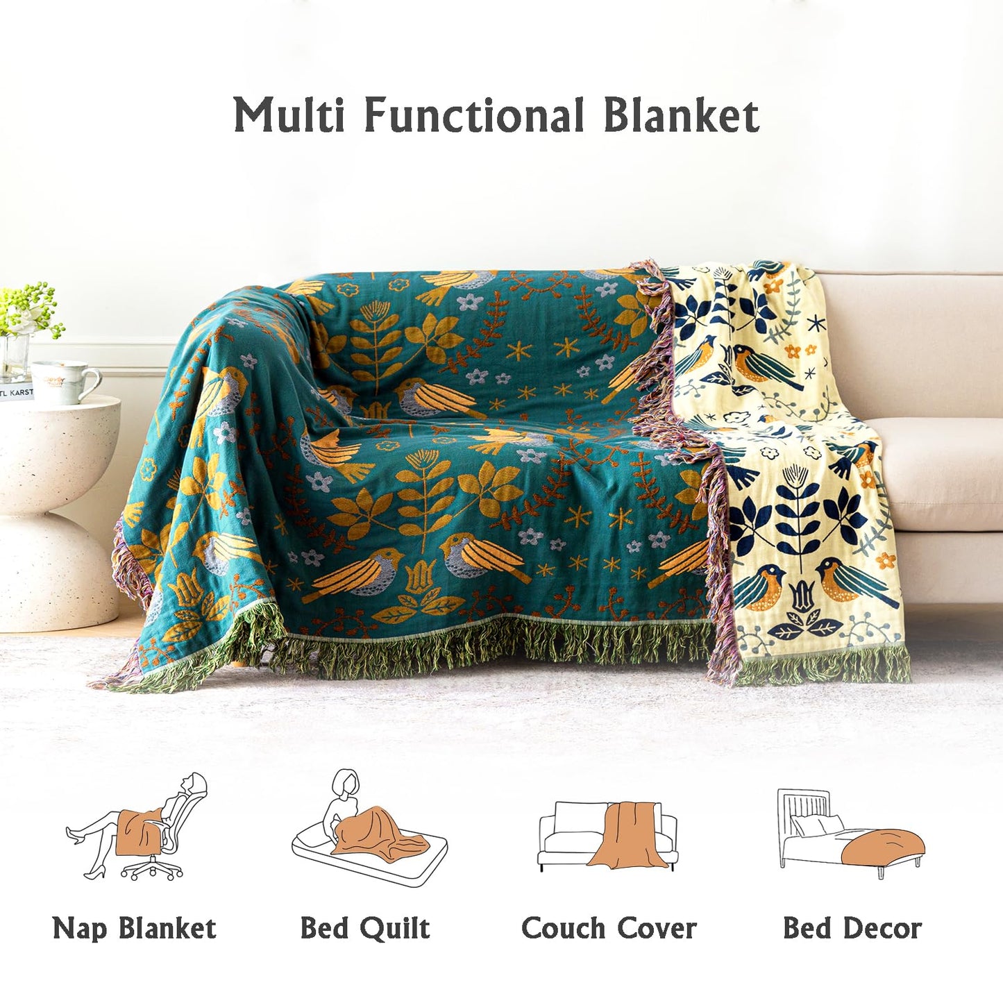 Vksucss Throw Blanket for Couch Bed Cozy Cotton Blankets Twin,Soft Gauze Boho Throw Blanket Birds and Floral Doubel Side Embroidery,60"x80" Comfy Muslin Bed Blankets