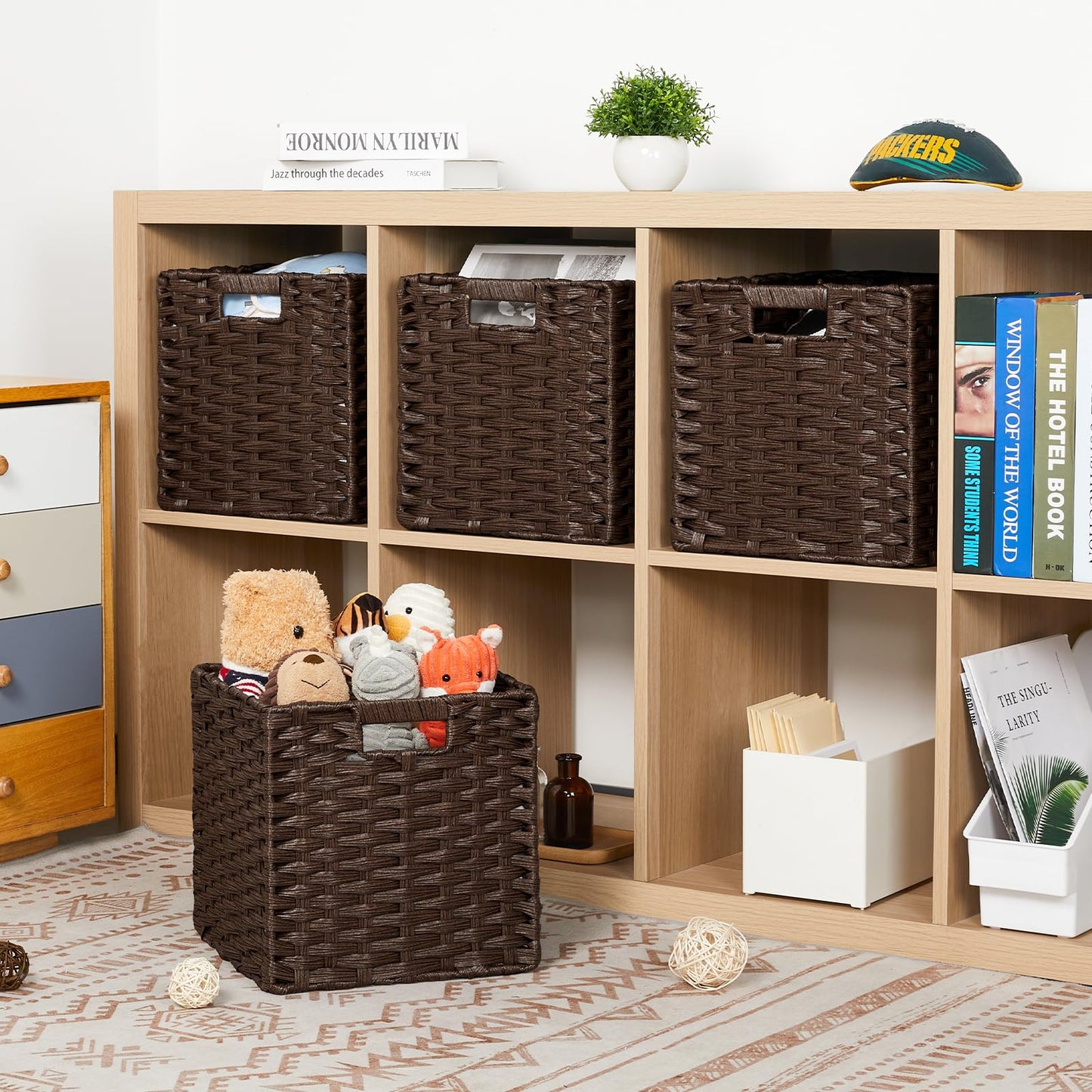 DULLEMELO Wicker Storage Baskets 11x11 Cube Storage Bins for Organizing Plastic Woven Baskets Set of 4 Waterproof Wowen Storage Cube Organizer for Pantry Closet Set of 4 - Deep Coffee