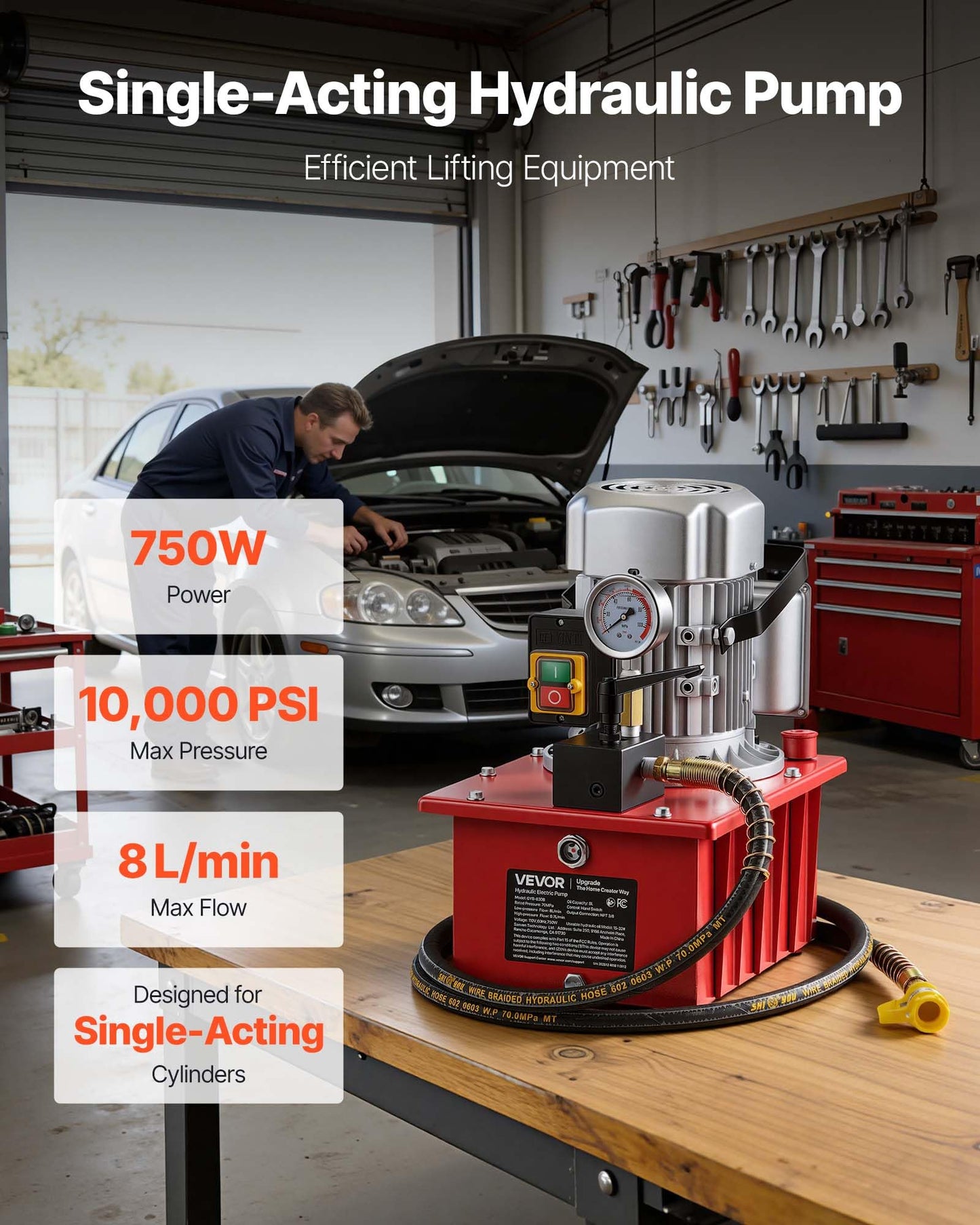VEVOR Electric Hydraulic Pump, 750W 10,000 PSI, 120V Single Acting Electric Driven Hydraulic Pump Power Pack Unit, with Manual Valve, 2.1 Gallon / 8L, for Punching, Bending, Single Acting Cylinders