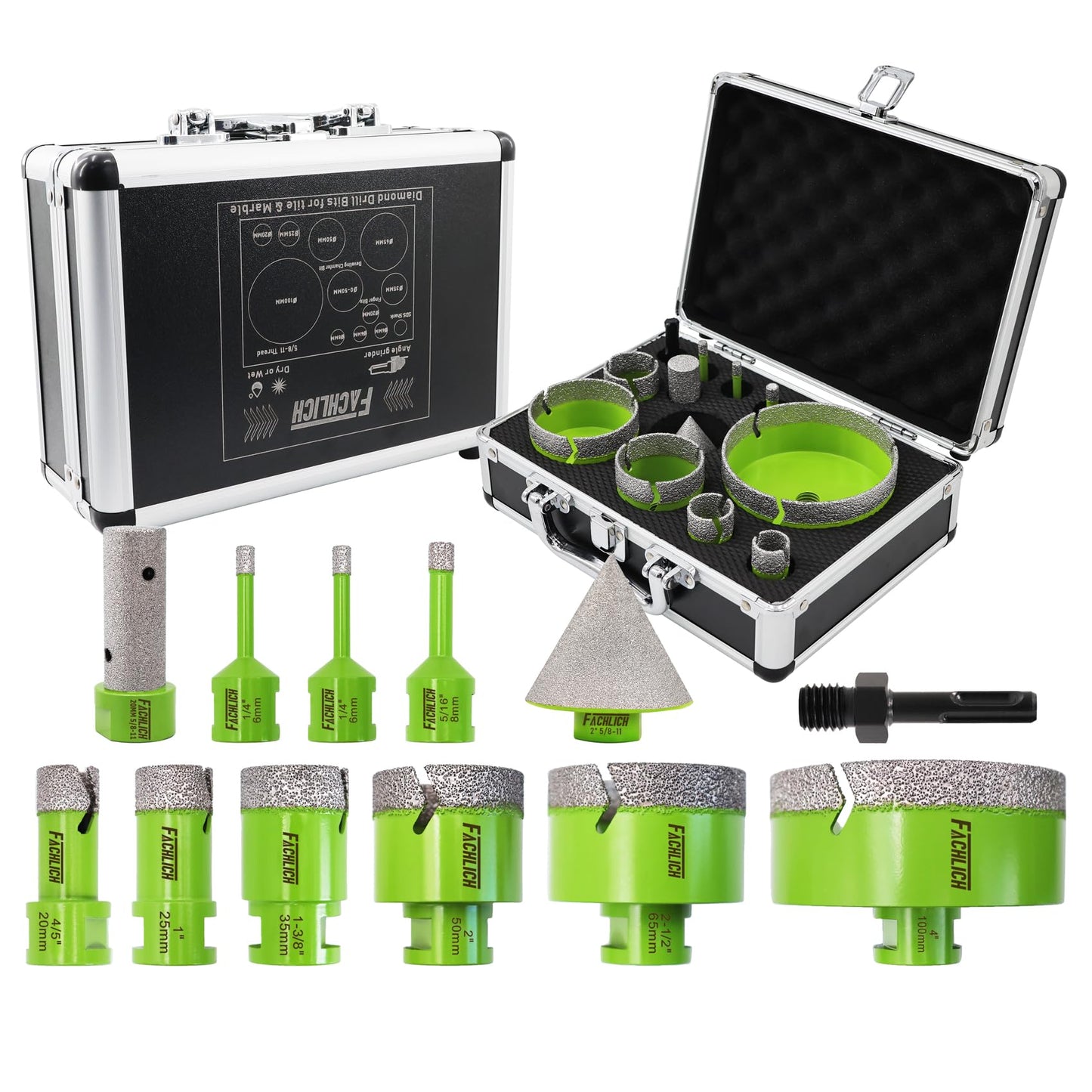 Diamond Tile Hole Saw Kit - FACHLICH from 1/4" to 4" Porcelain Ceramic Tile Diamond Core Drill Bits Set 12pcs 4/5" Finger Bit 2" Beveling Chamfer