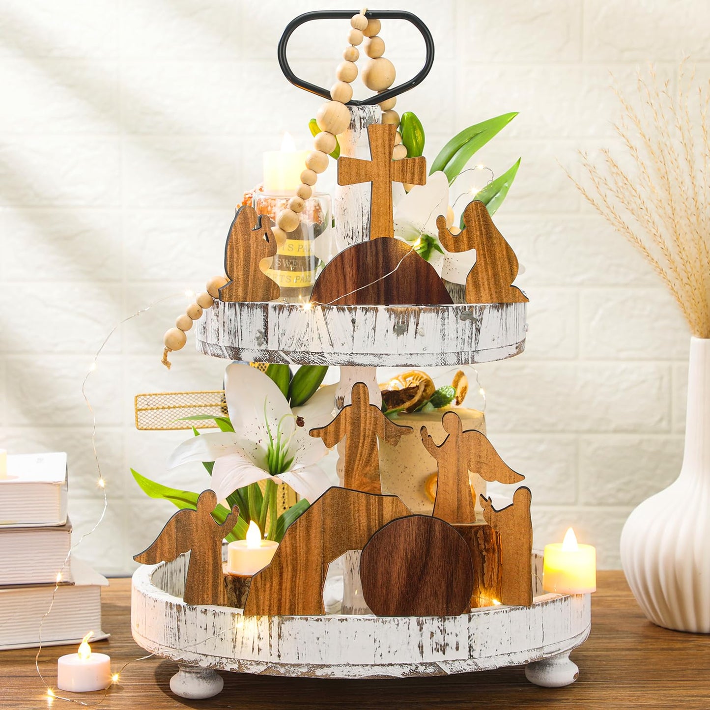 Wesiti 8 Pcs Easter Resurrection Scene Set Empty Tomb Easter Christian Cross Decorations Scene Wooden Decor Jesus Tray Set Tray with Nativity for Home Decoration Collectible Figurines