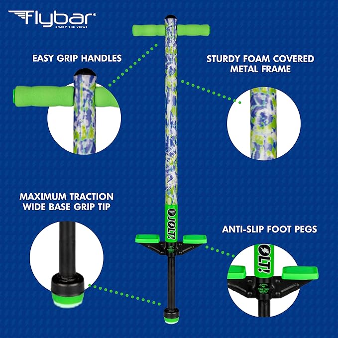 Flybar Pogo Stick for Kids, 40 to 80 Pounds, Perfect for Beginners, Easy Grip Foam Handles, Anti-Slip Foot Pegs, Outdoor Toys for Boys, Jumper Toys for Girls, Outside Toys for Kids (Jolt, Tie Dye)