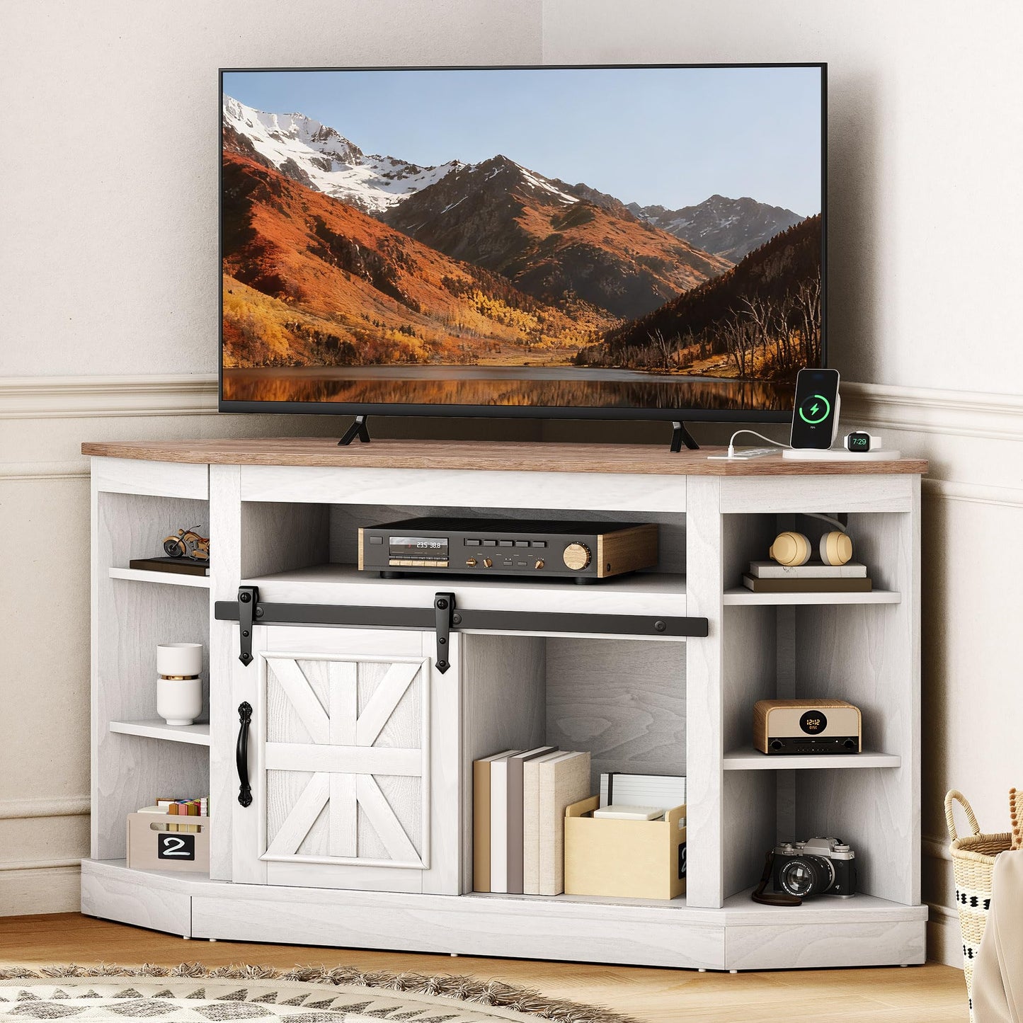 YITAHOME Corner TV Stand for 50 Inch TV, Farmhouse Entertainment Center with Storage & Power Outlet, TV Console Cabinet and Sliding Barn Door for Living Room, Grey Wash & Grey White
