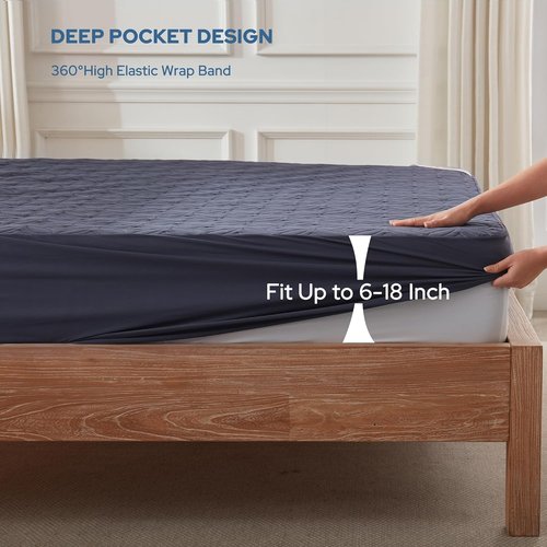 BEDLORE Waterproof Mattress Protector - Soft Queen Size Pad with Deep Pocket (6"-18" Depth) | Navy Blue