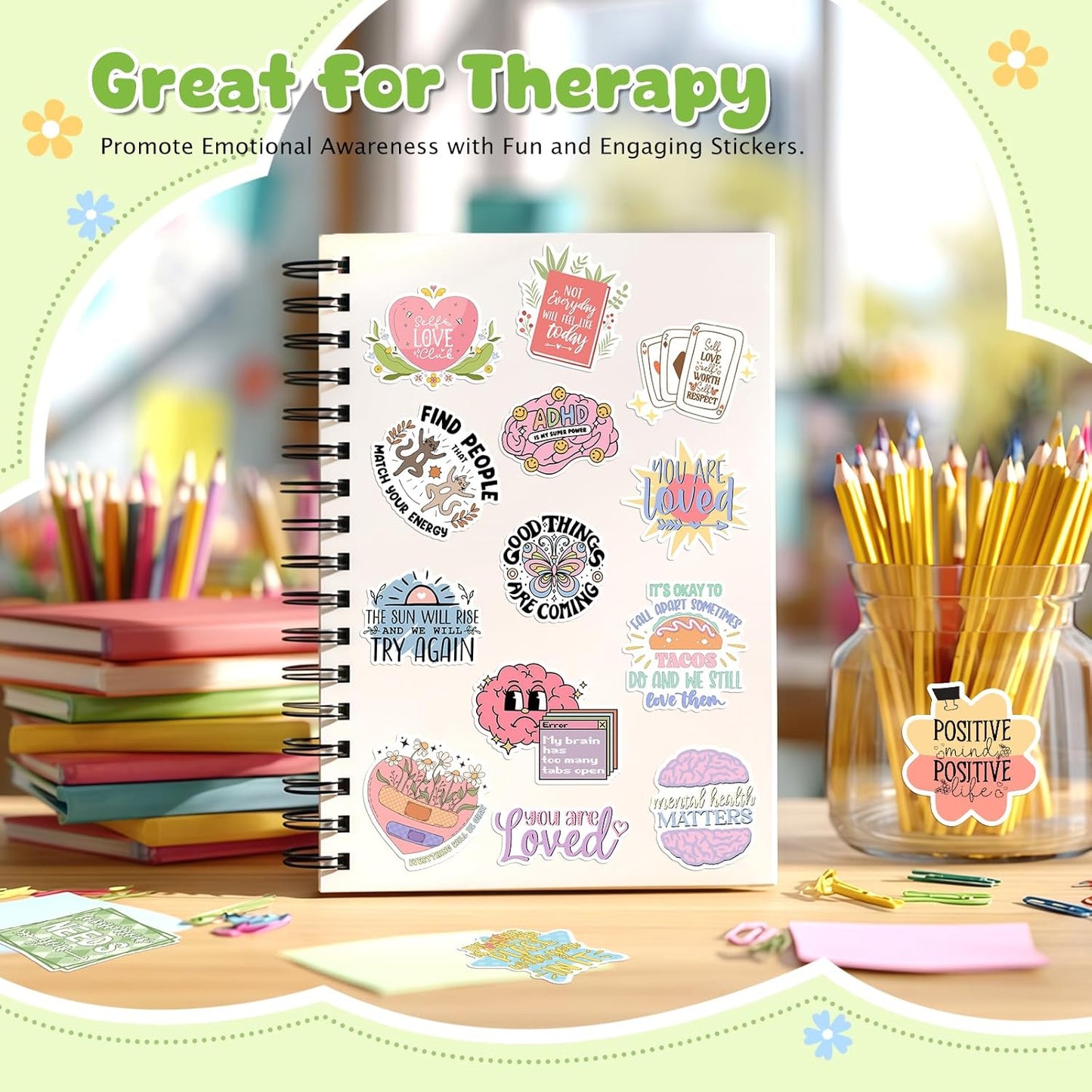 300 PCS Mental Health Stickers, Vinyl Therapy Stickers for Mental Health Journal, Positive Quote Decals for Adult