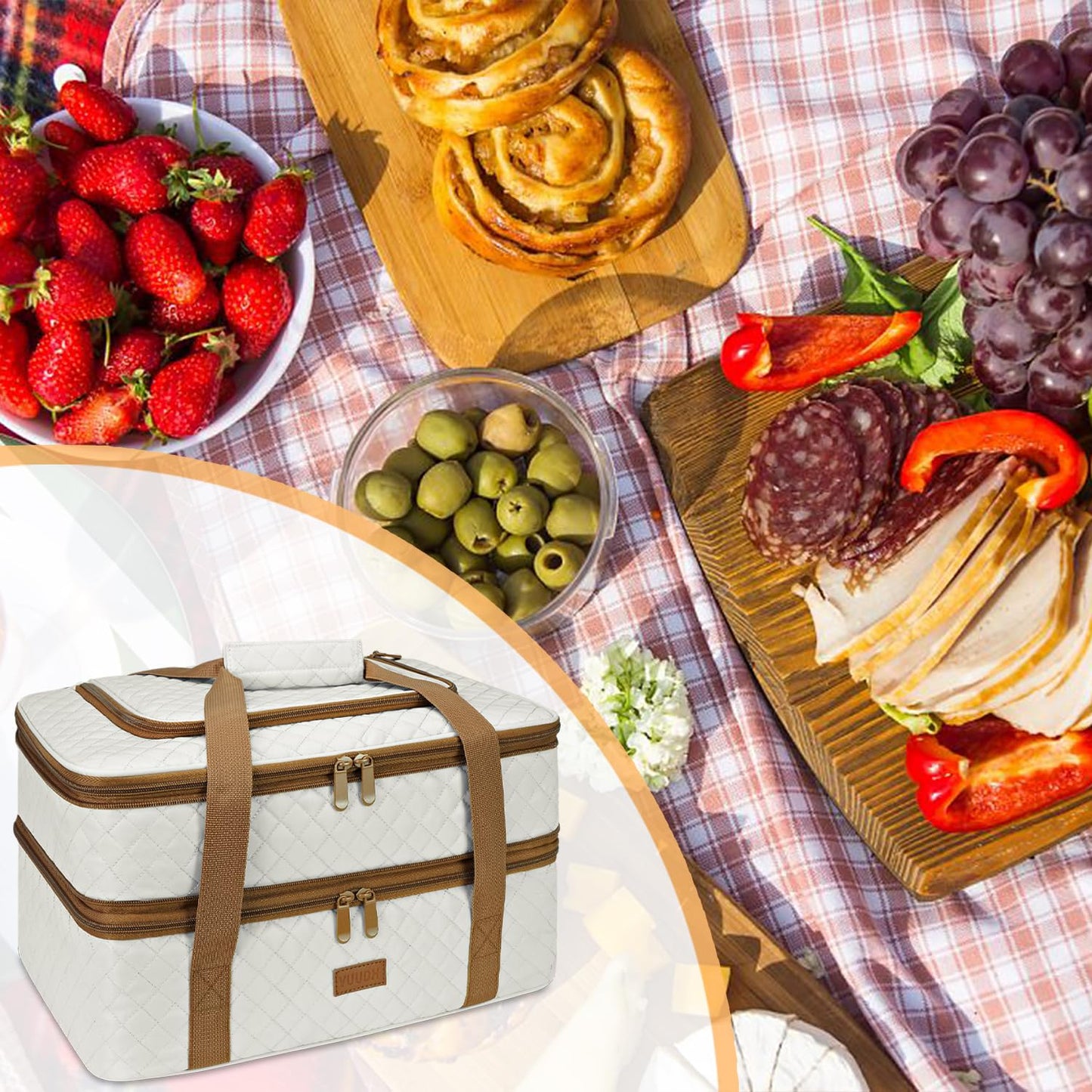 Vuudh Quilted Insulated Double Casserole Carrier - Thermal Lunch Tote for Potluck Parties, Picnic, Beach, Fits 9 x 18 Inches Baking Dish, Casserole Dish, Expandable (Beige)