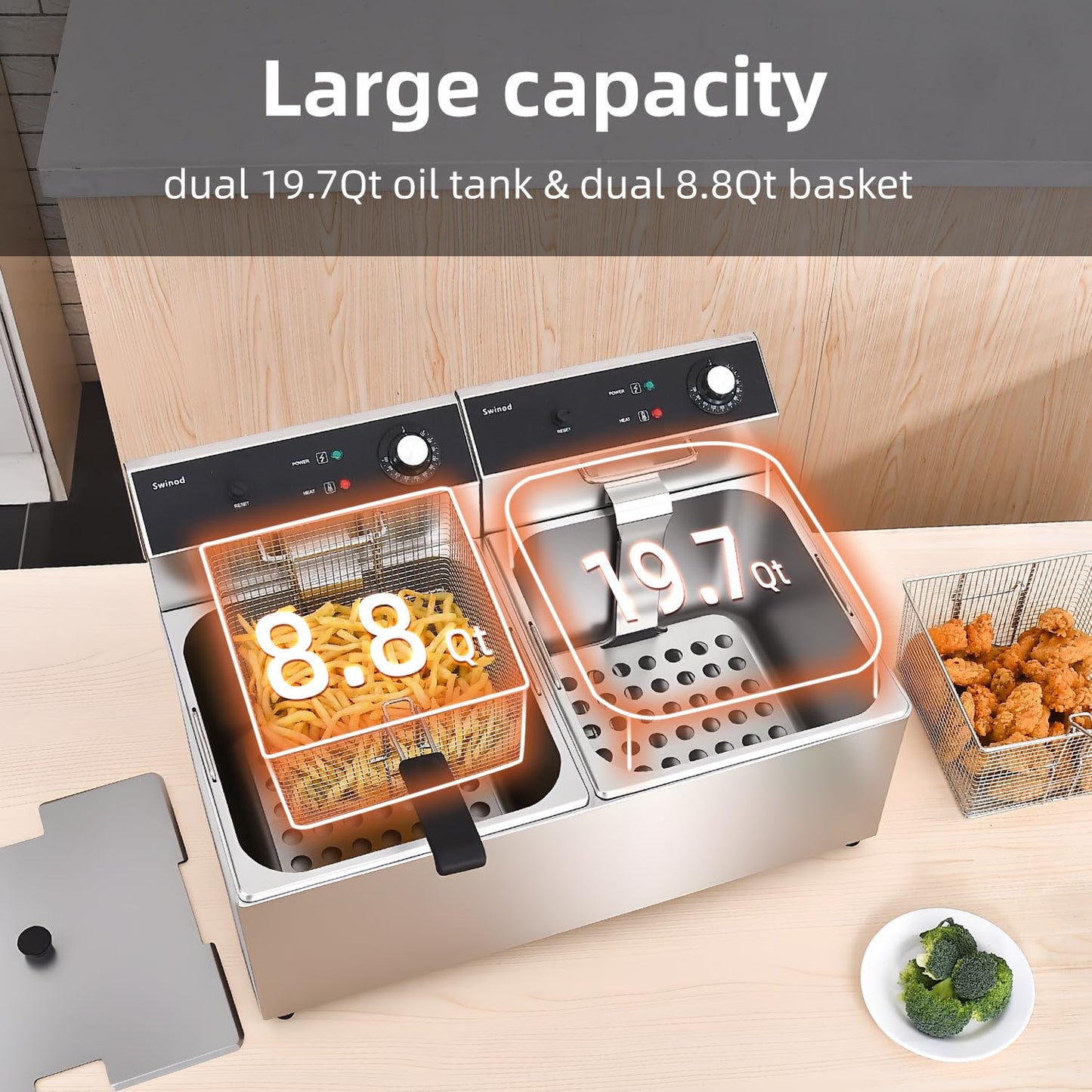 Commercial Deep Fryer with Basket, 3400w Dual 20Qt 0.6mm Thickened Stainless Steel Countertop Electric Fryer for Home and Commercial Use, Oil Fryer with Double Overheat Protection