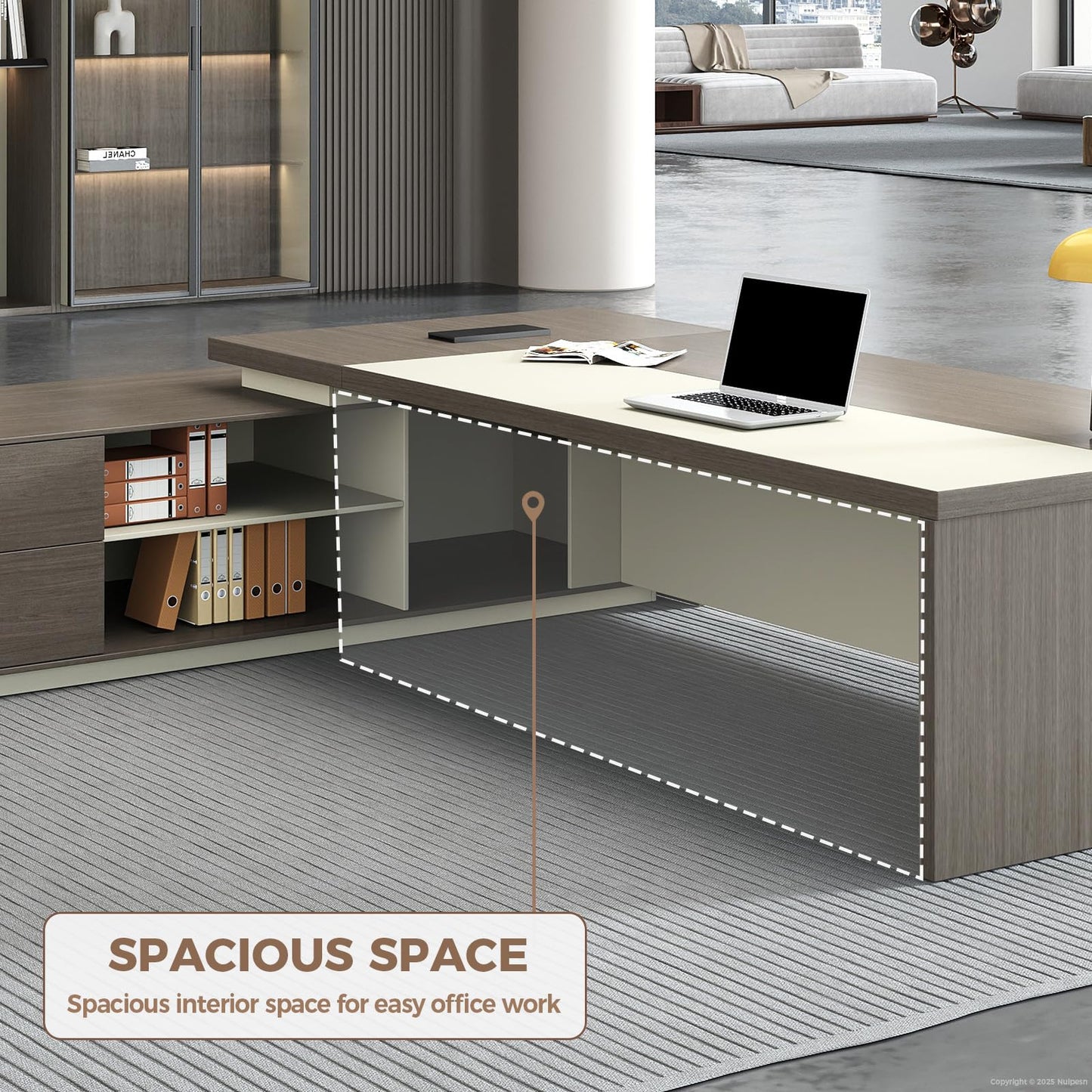 79-Inch L Shaped Executive Desk with Drawers, Large Modern Office Desk with Storage Shelves, LED Lighting, Built-in Power Outlet & USB Ports, Home Office Desk, Smoked Oak & Cream White, Left Return