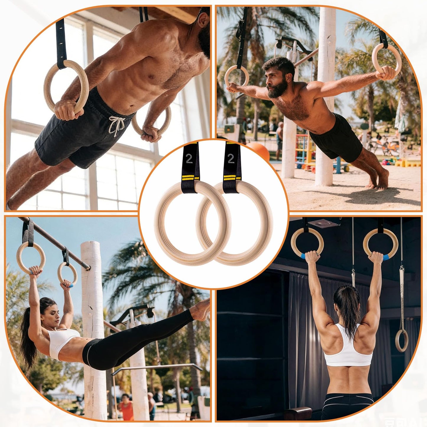 Cupbunny Wooden Gym Rings with 9ft Double-Layer Numbered Straps Quick Adjust. 1.25” Olympic Rings for Home Gym Small Apartment Hotel Camping Full Body Workout Calisthenics Strength Training Body