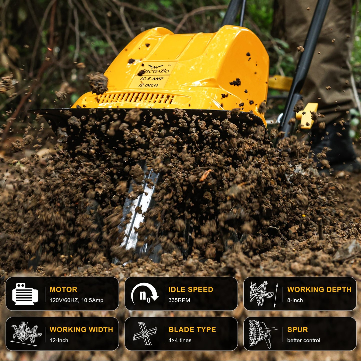 IncwBo Garden Rototiller 12-Inch 10.5-Amp Corded Electric Tiller/Cultivator, Adjustable Wheels, 8-Inch Tilling Depth, Powerful and Lightweight Tiller
