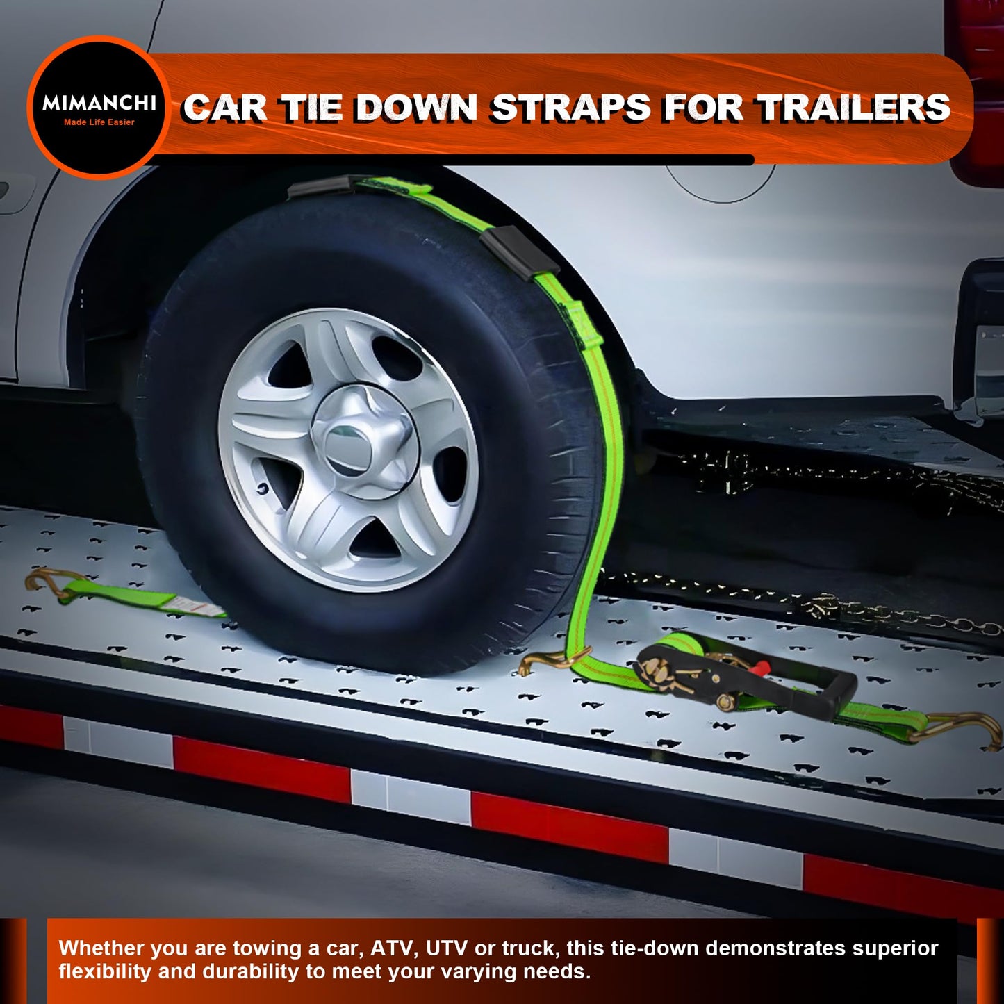 MIMANCHI 2" x 10' Tire Tie Down Straps Over The Wheel Ratchet,8PCS,Heavy Duty Vehicle Tie Down Kit,Auto Hauler Straps for Trailer w/ 3 Wire J Hooks and Rubber Blocks,Wheel Strap for Hauling Cars