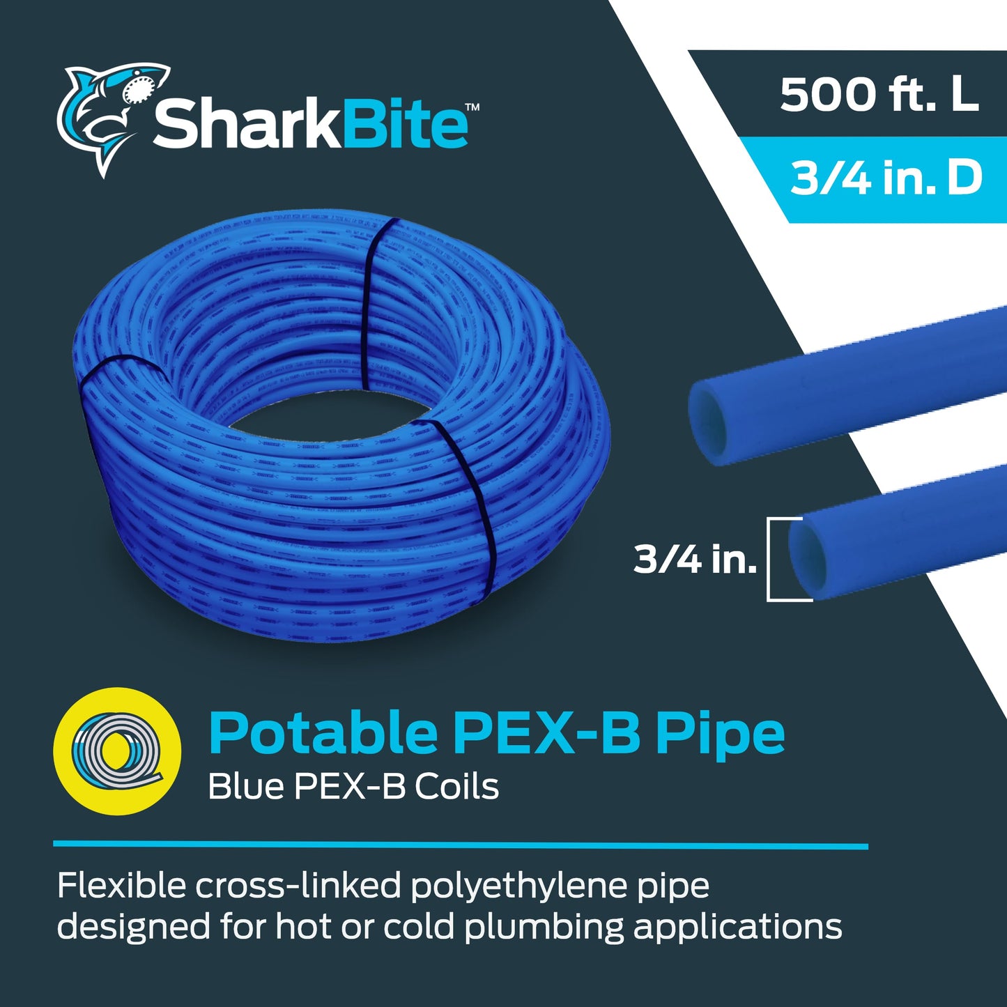 SharkBite 3/4 Inch x 500 Feet Blue PEX-B, Made in the USA, Flexible Water Pipe Tubing for Plumbing, U870B500