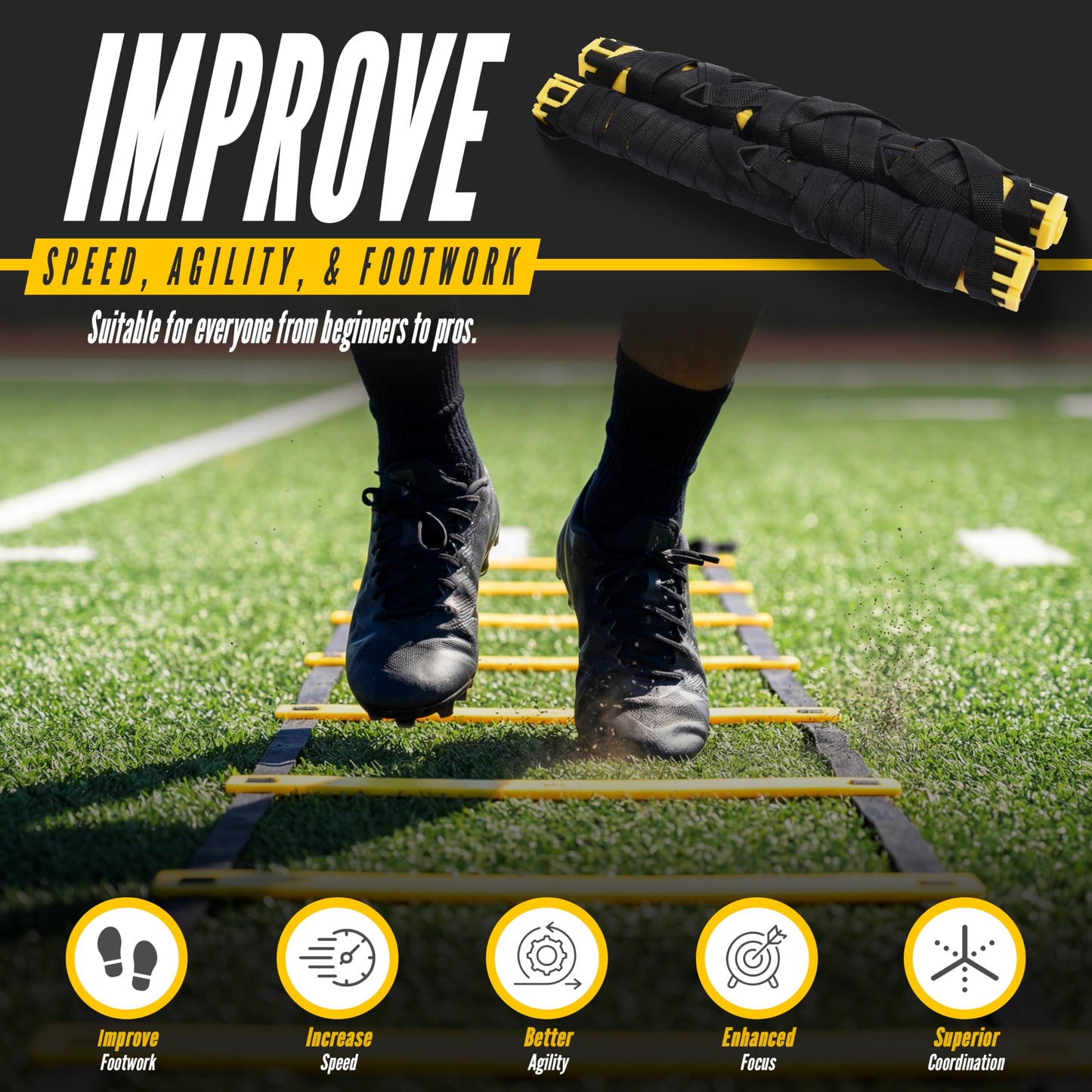 Venmark Agility Ladder, 2 Pack - Exercise and Training Ladder Set with Ground Stakes for Football, Soccer, Tennis, and More - Improves Speed & Fitness - Complete with Carrying Bag