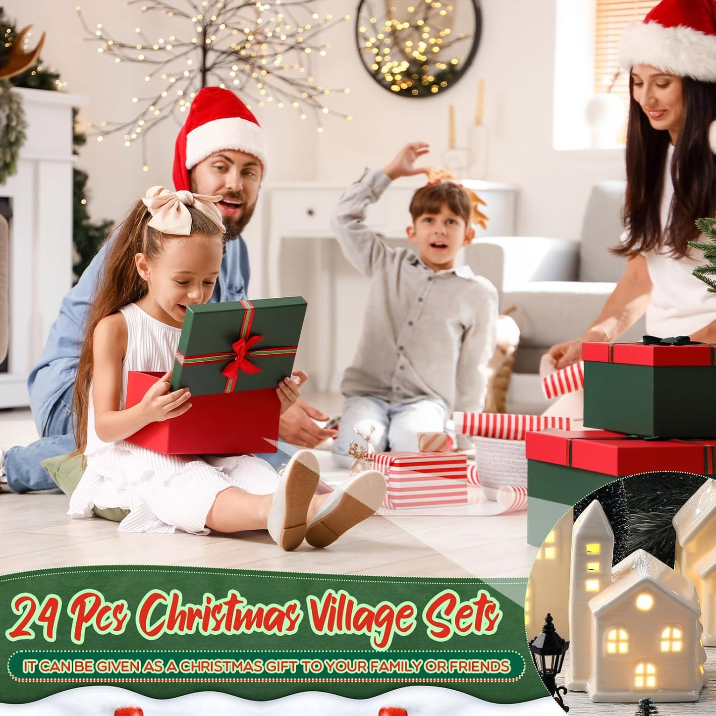 WinnerWhy Christmas Village House Set - 24 Pcs LED Lighted Mini Ceramic Ornaments for Festive Decor