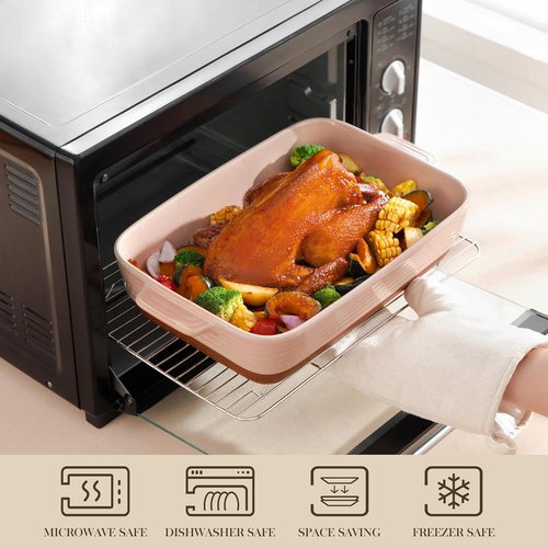 MALACASA 4.8 Qt Ceramic Baking Dish - Deep Rectangular Casserole with Handles | 9 x 13 Inch, Khaki & Pink