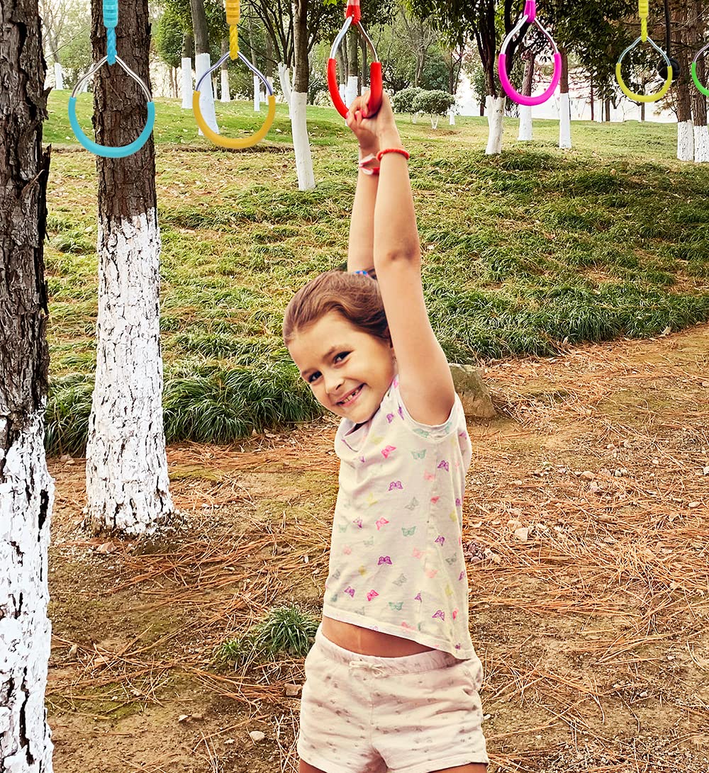 7 Colorful Ninja Ring Fitness Gymnastic Ring Outdoor Backyard Playground Training Equipment Play Set, Funny Jungle Gym Fist Hanging Swing Monkey Bars Ninja Warrior Obstacle Course Trapeze Accessories