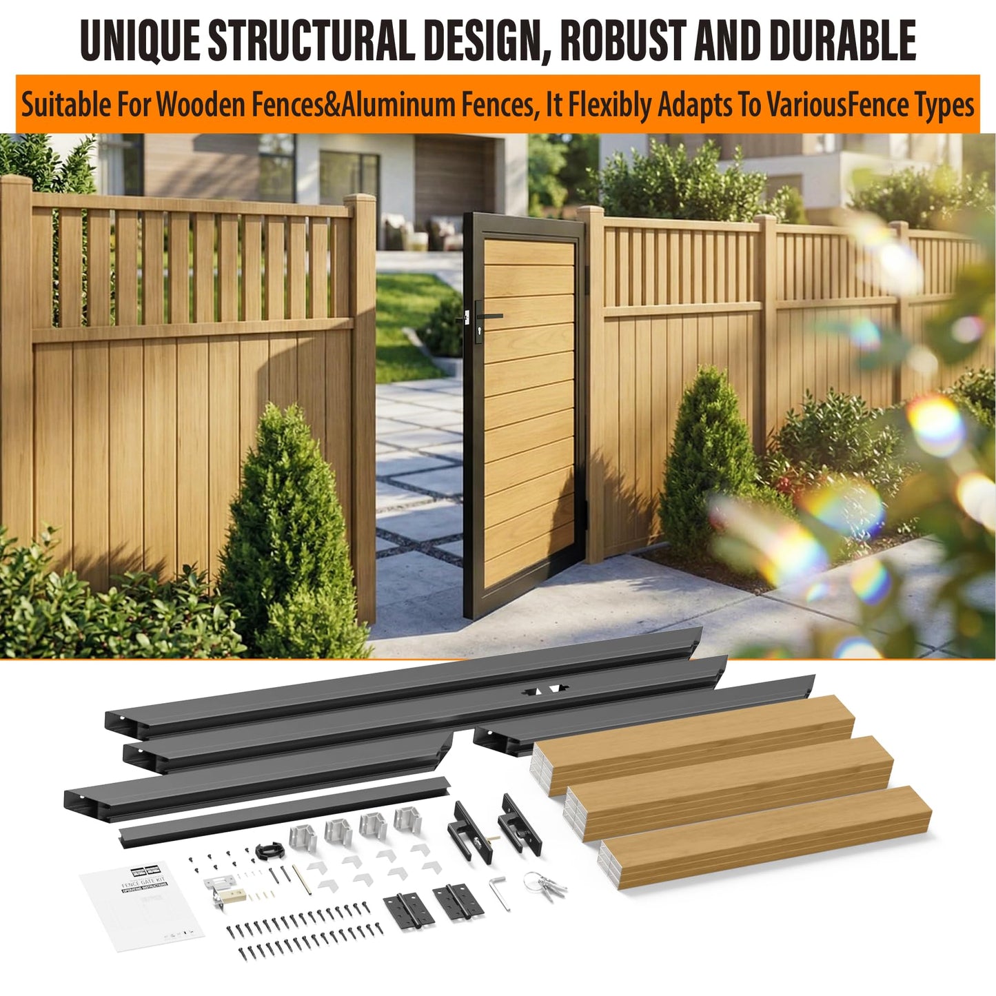 WOCEPU 3x4 FT (34.8"x47.8") Aluminum Fence Gate Kit, Heavy-Duty Wood Grain Aluminum Gate with Decorative Cutout, Lock & Hinges, Left/Right Opening, Weather-Resistant for Yard, Garden, Backyard