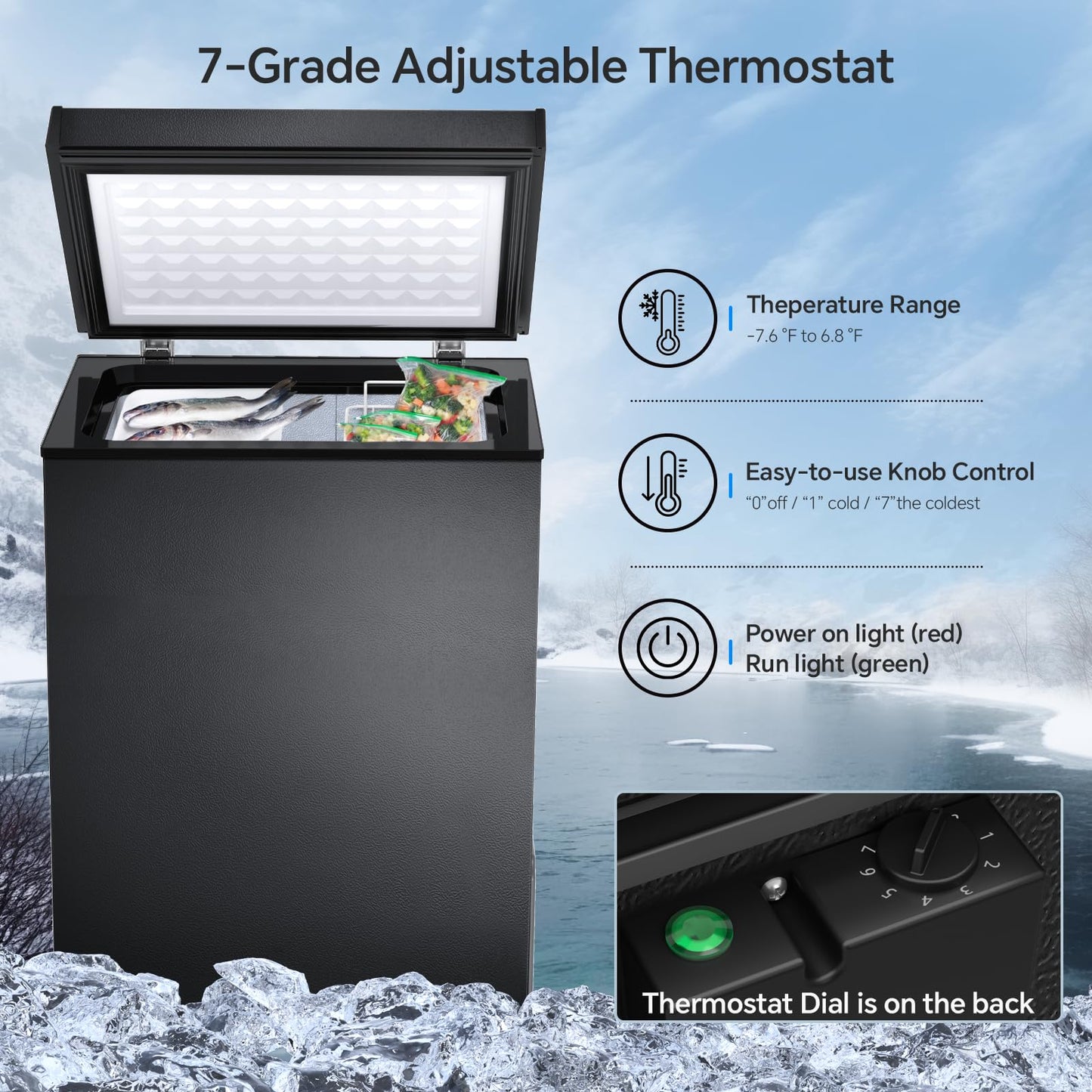 Kismile 2.8 Cubic Feet Chest Freezer with 2 Removable Basket Free Standing Top Open Door Compact Freezer with Adjustable Temperature for Home/Kitchen/Office/Bar