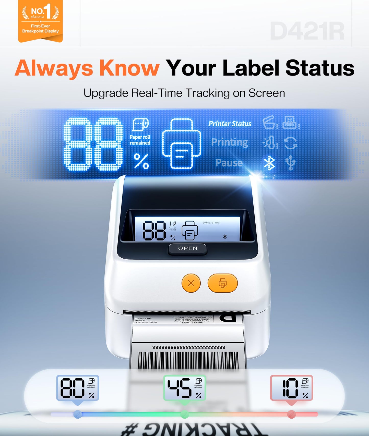 Phomemo D421R Bluetooth Thermal Label Printer with Screen for Paper Level Display - Shipping Label Printer for Small Business, RFID Auto Size Detection 4x6 Thermal Printer with Segmented Code Screen