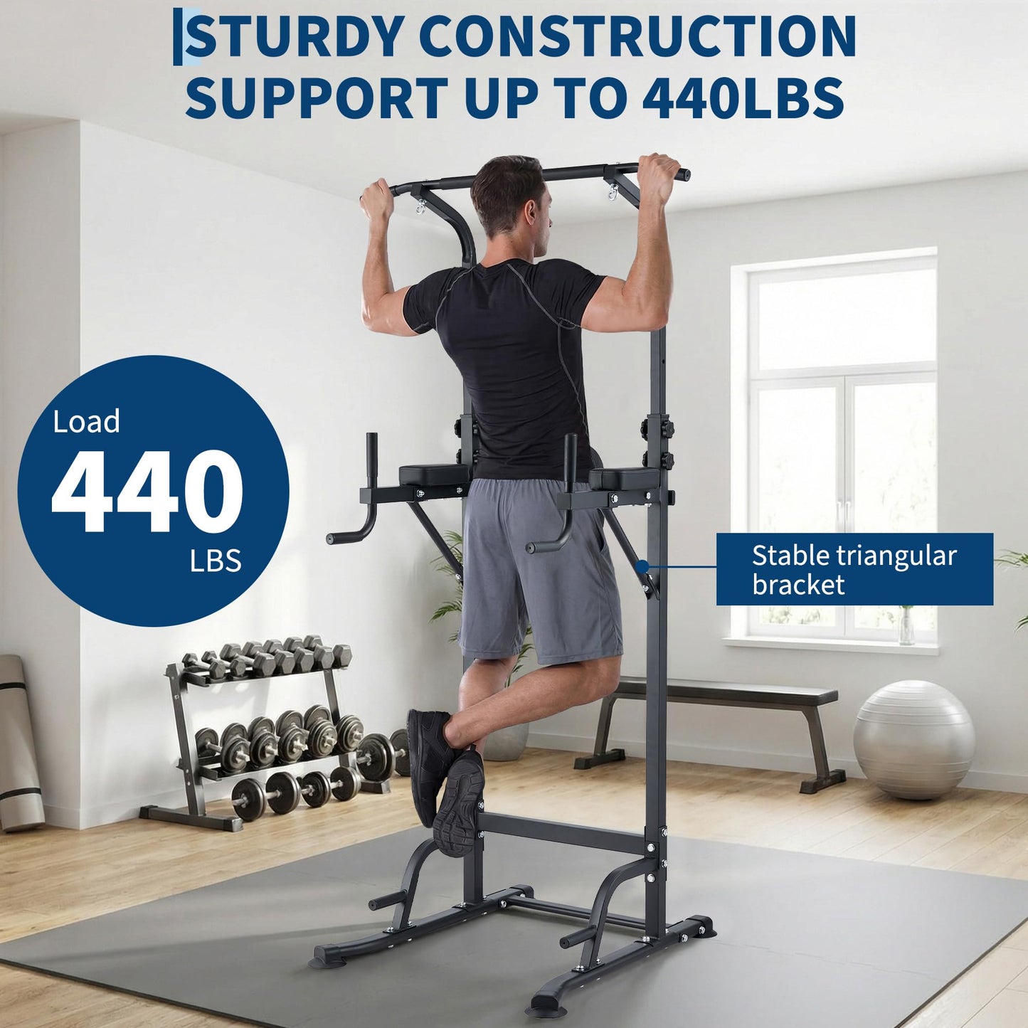 COZONY Adjustable Power Tower Pull Up & Dip Station – Multifunction Strength Training Equipment – 880LBS Capacity – Space-Saving Standalone Chin Up Bar – Black Color