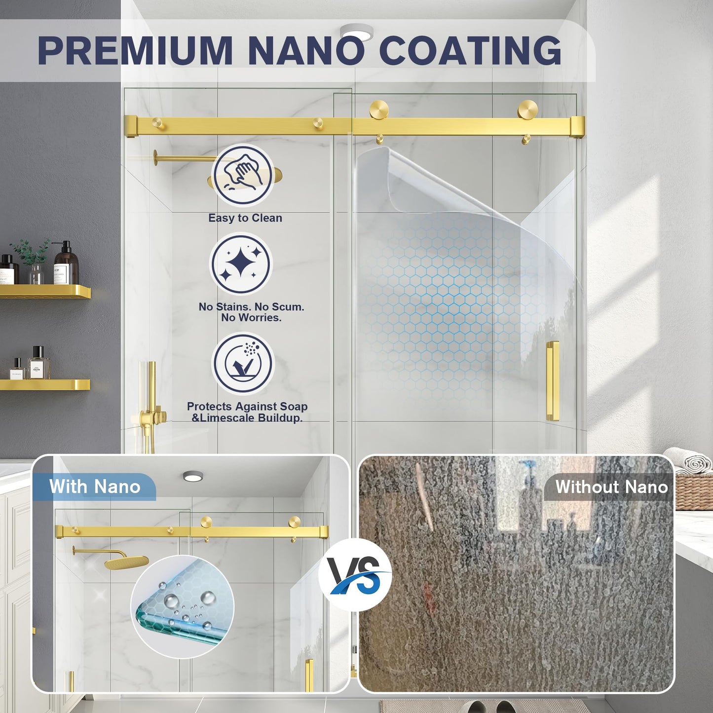 EASYWORC Frameless Shower Door, 43-48" W x 76" H Sliding Glass Shower Door, 1/4''(6mm SGCC Tempered Glass with Explosion-Proof Film Nano Coating in Brushed Gold Finish