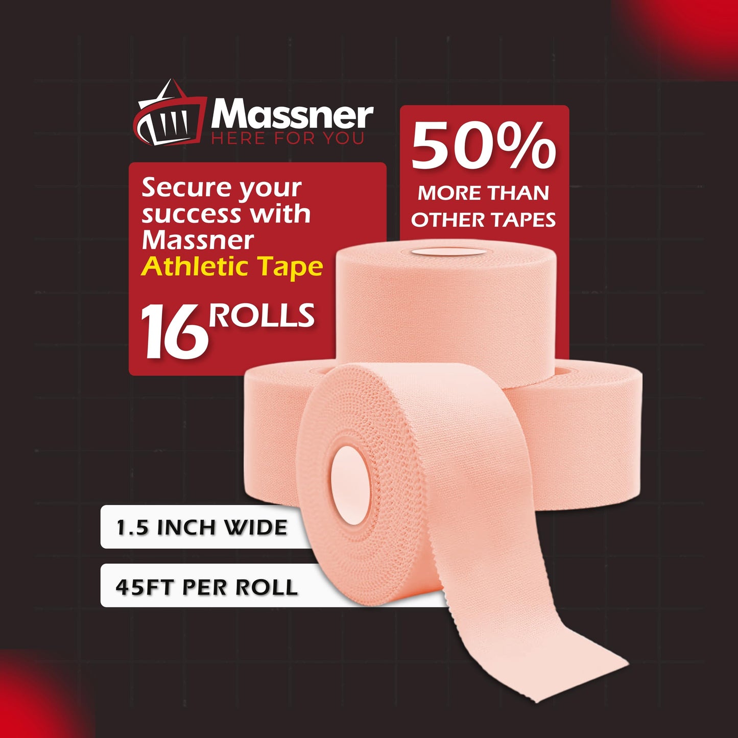 Massner Athletic Tape Tan 1.5" x 45ft Per Roll (720ft Total) Pack of 16 – Strong Sports Tape for Wrists, Ankle & Hands – Latex-Free Gym Tape for Training, Football, Running & Weightlifting Recovery