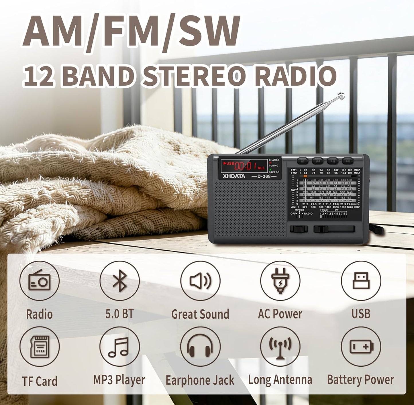 XHDATA D368 12 MP3 Portable Shortwave Radio AM FM SW Band DSP Stereo Player Wireless BT Speaker with Rechargeable