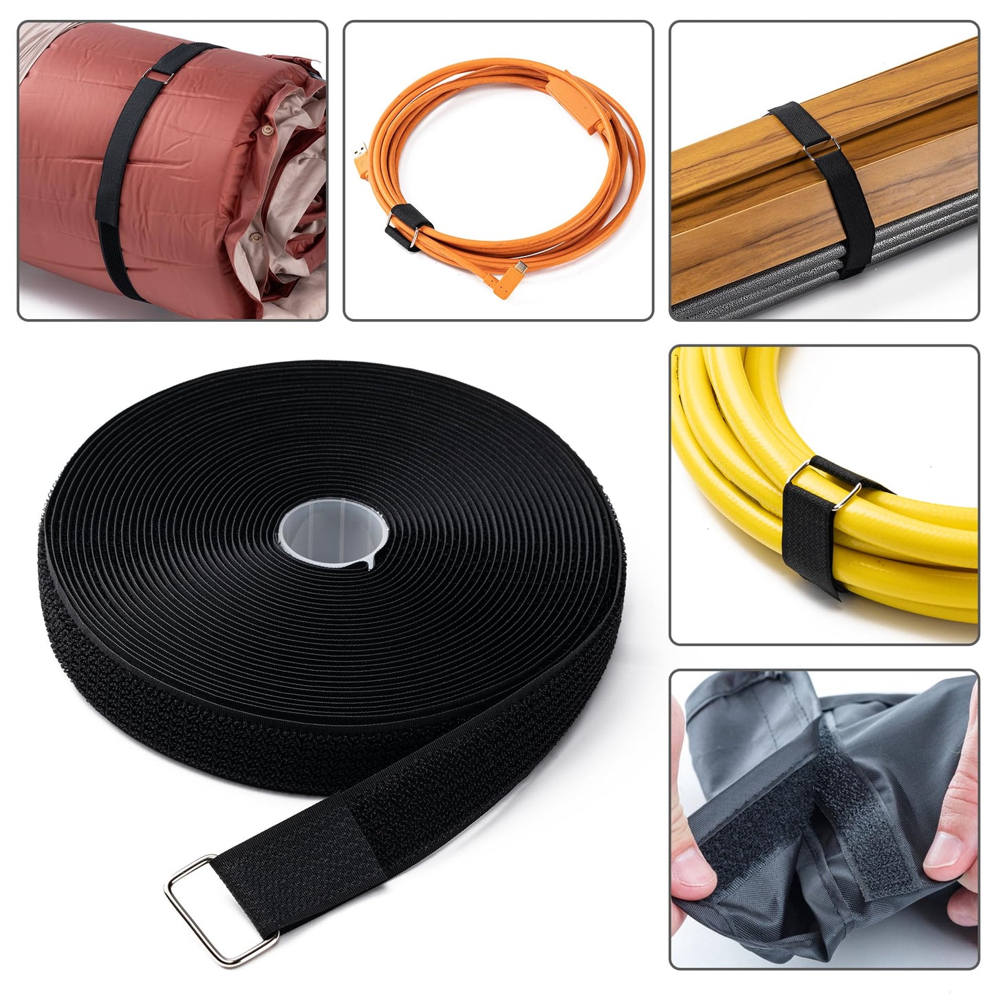 1" x16Ft Hook and Loop Straps with 25 Metal Buckles, Adjustable Fastening Cable Straps, Free Cut Length, Reusable Nylon Cable Ties for Organizer or Storage, Black