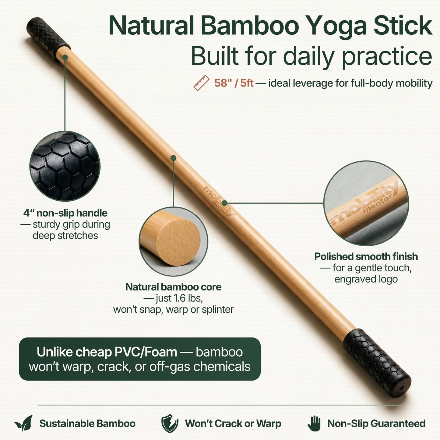 Yoga Stick - 5ft Bamboo Stretching Stick for Mobility, Flexibility, Balance with 20+ Video Tutorials, Stretching Equipment, Exercise Stick for Stretching, Posture Corrector, Physical Therapy Dowel Rod