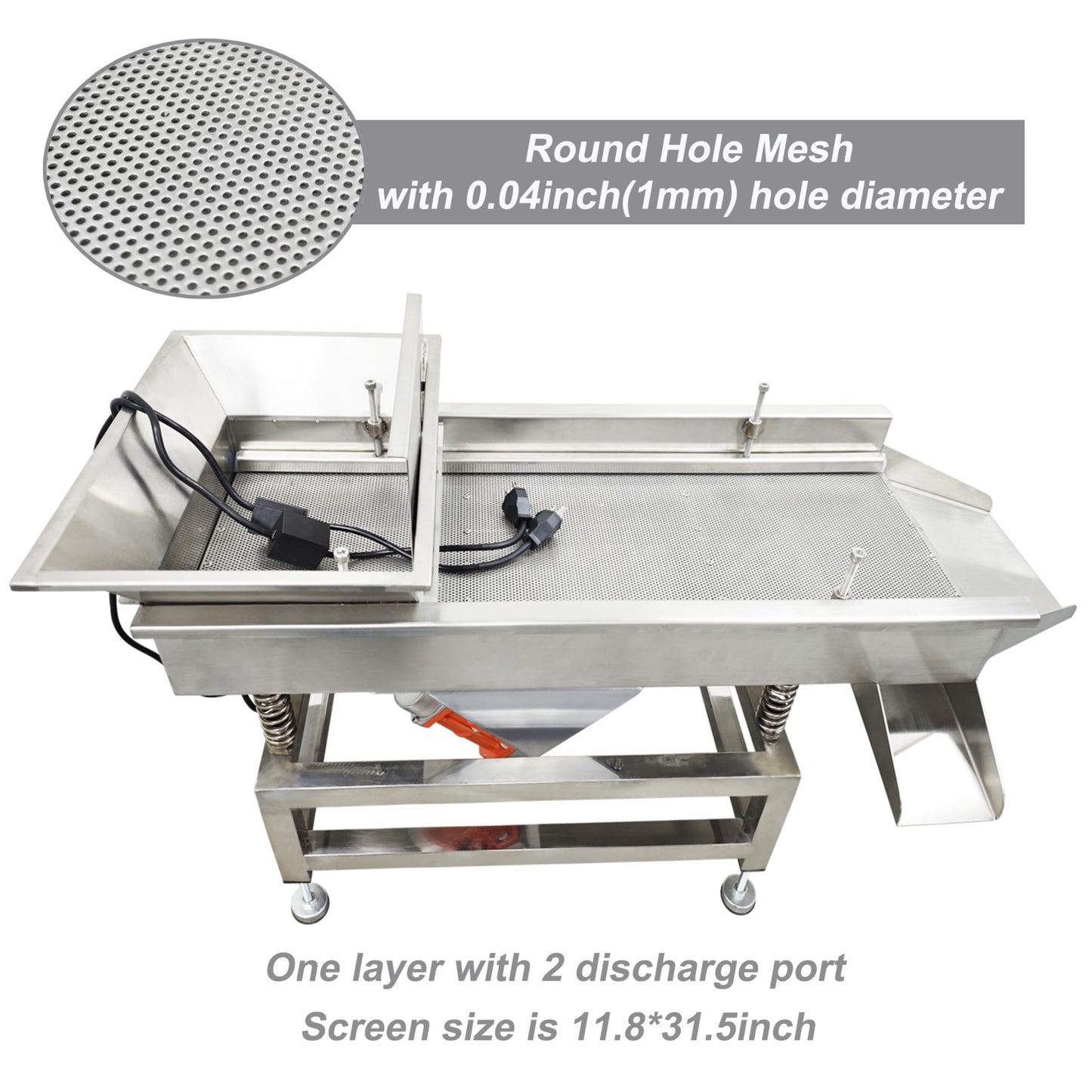 TECHTONGDA Straight Vibrating Sieve Screen Shaker Electric Linear Sifter Machine Stainless Steel One Layer Two Motors 1mm Round Hole Screen Size 11.8×31.5inch 110V