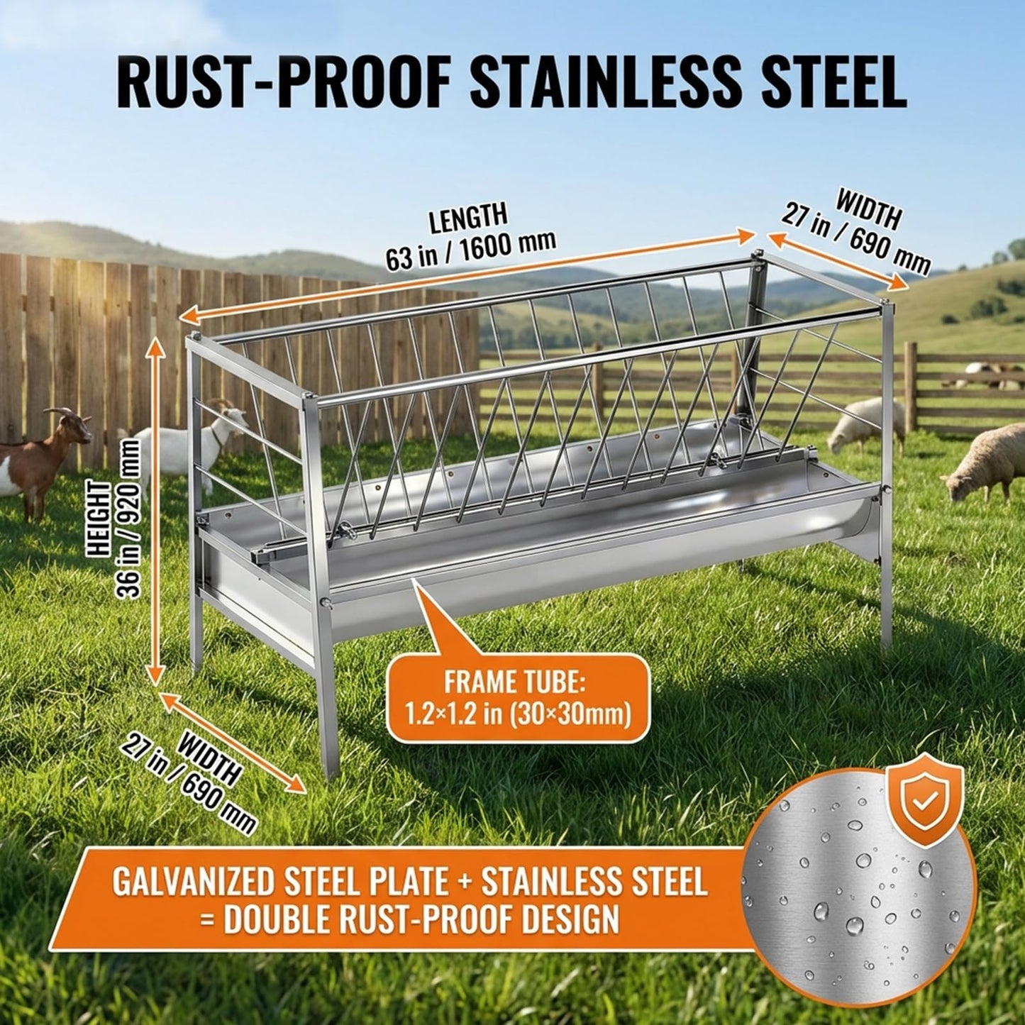3 in 1 Grain|Water|Hay Feeder, 94-Gallon Capacity|8.0'' Deeper Feeding Pan, Stainless Steel Goat Hay Feeder, 63" Long Livestock Hay Rack for Goats, Sheep, Cow, Horse